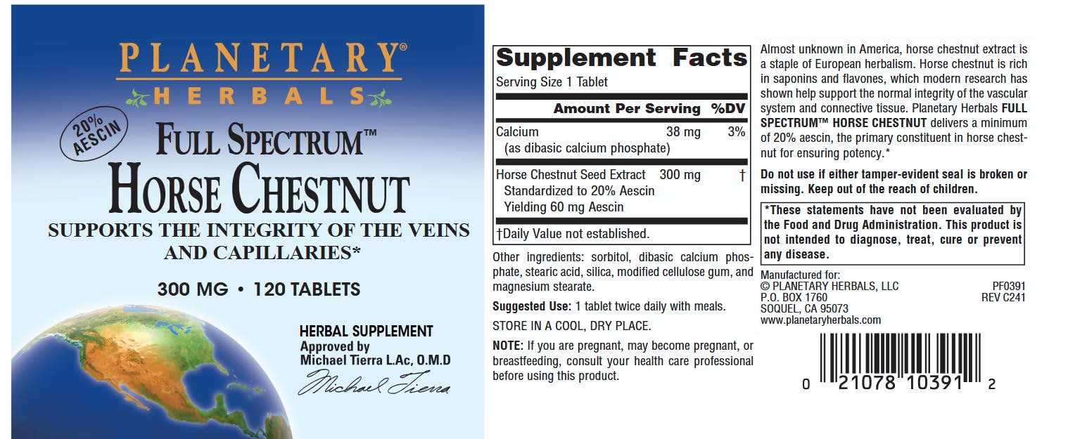 Planetary Herbals Full Spectrum Horse Chestnut 300mg supplement tablet close-up
