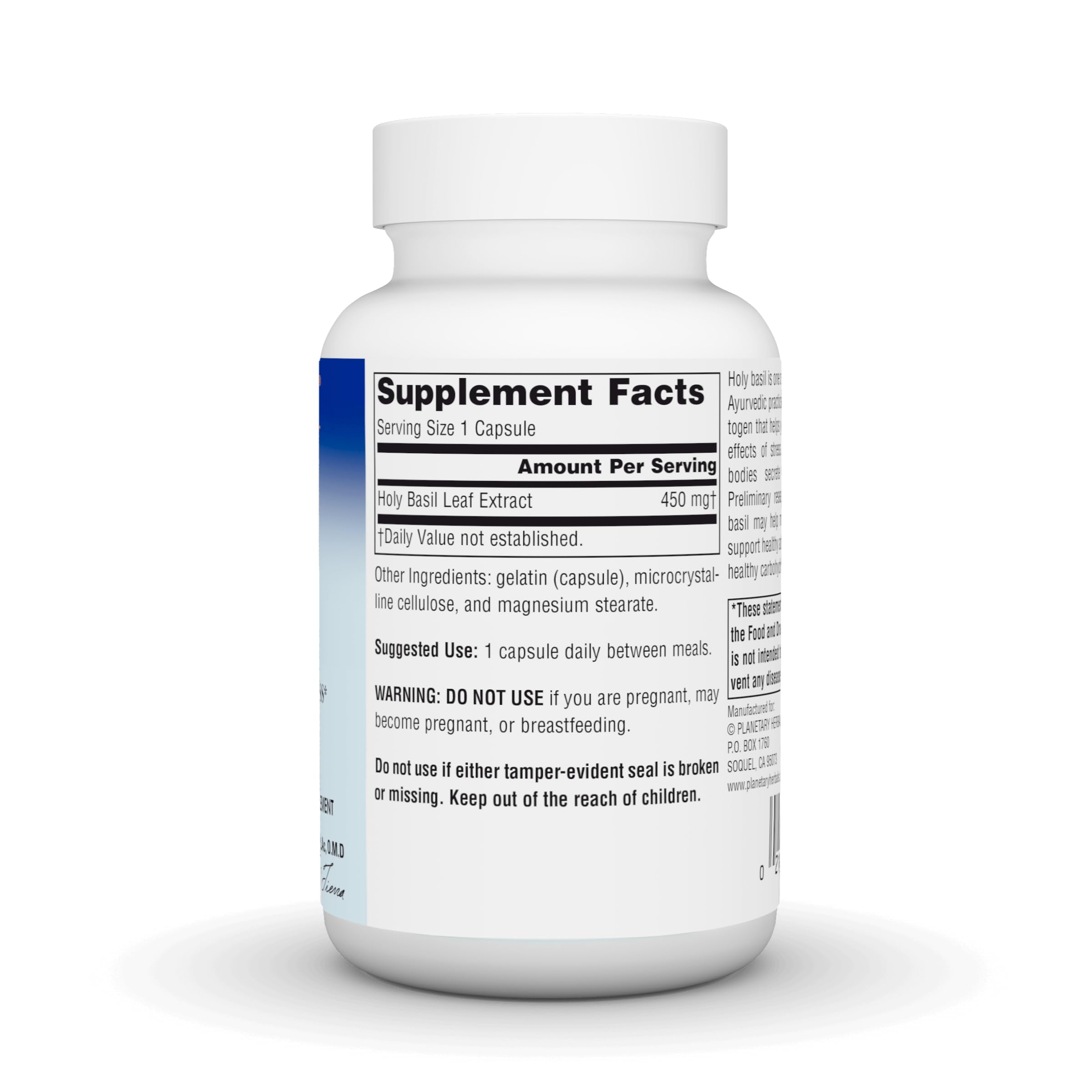 Planetary Herbals Holy Basil Extract 450mg Capsules back view with ingredients
