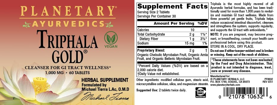 Planetary Herbals Triphala Gold capsules on a wooden surface