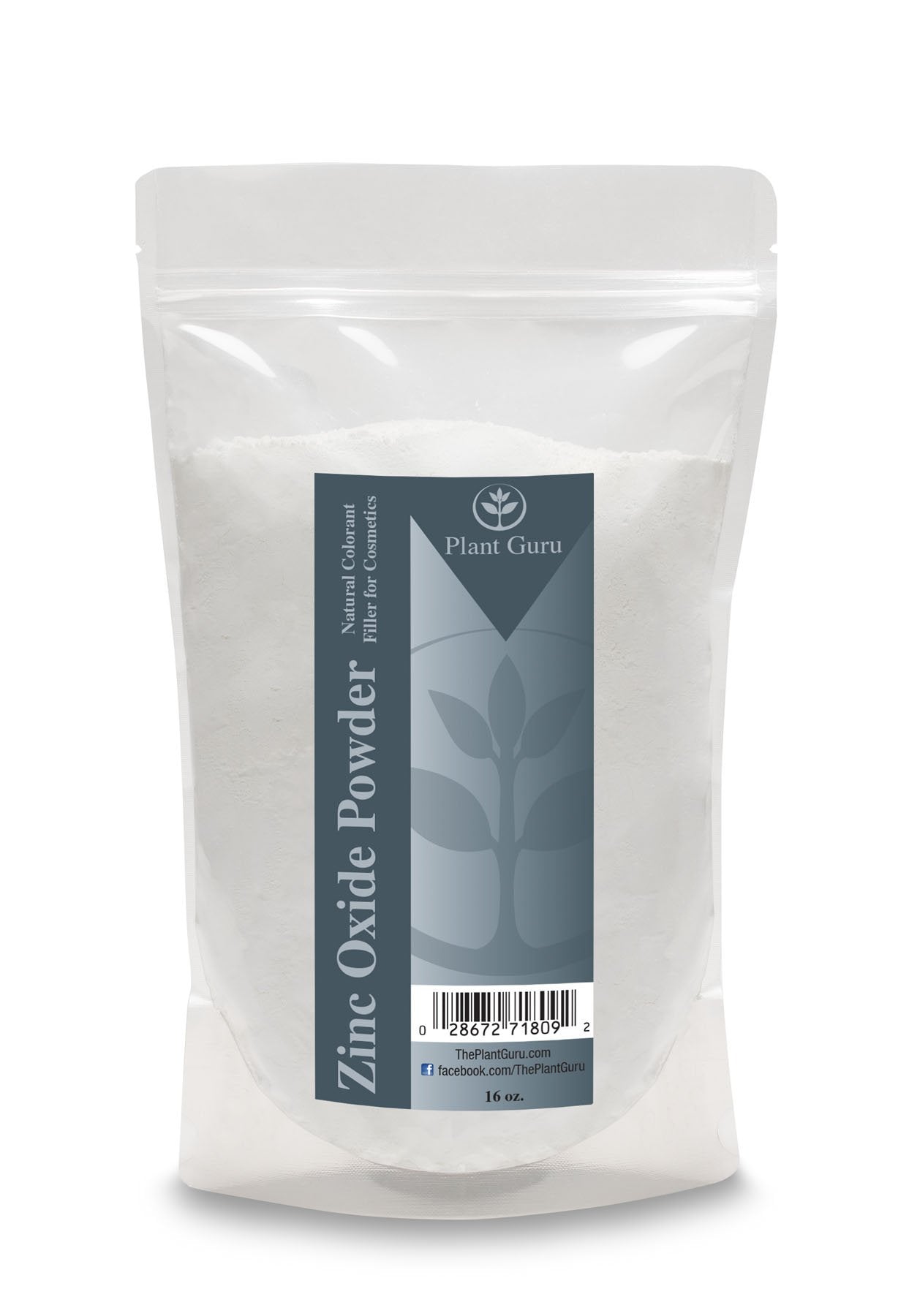 Plant Guru Zinc Oxide Powder USP Grade 454g front view in sealed pouch