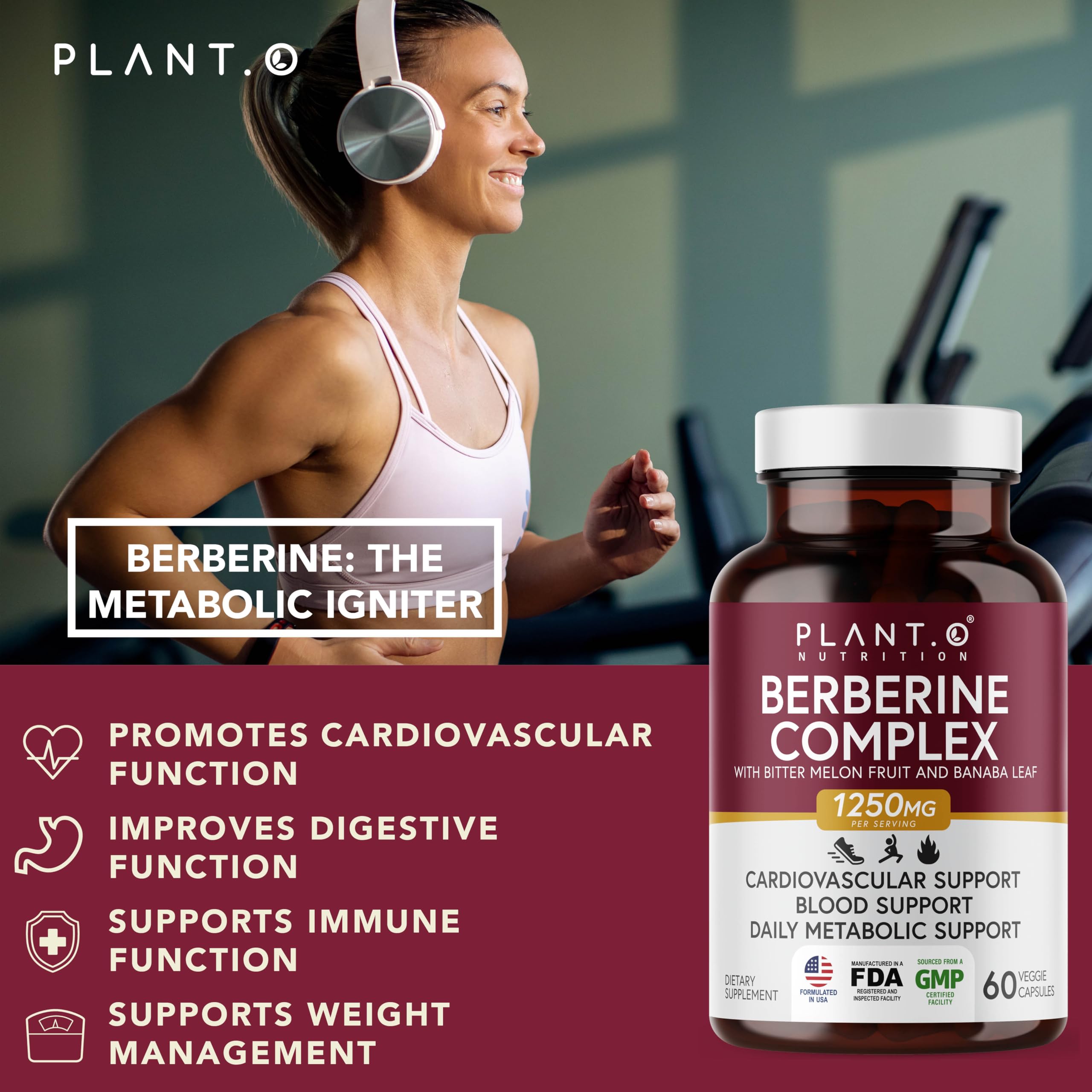 PLANT.O NUTRITION Berberine HCl 1250mg Capsules bottle with label