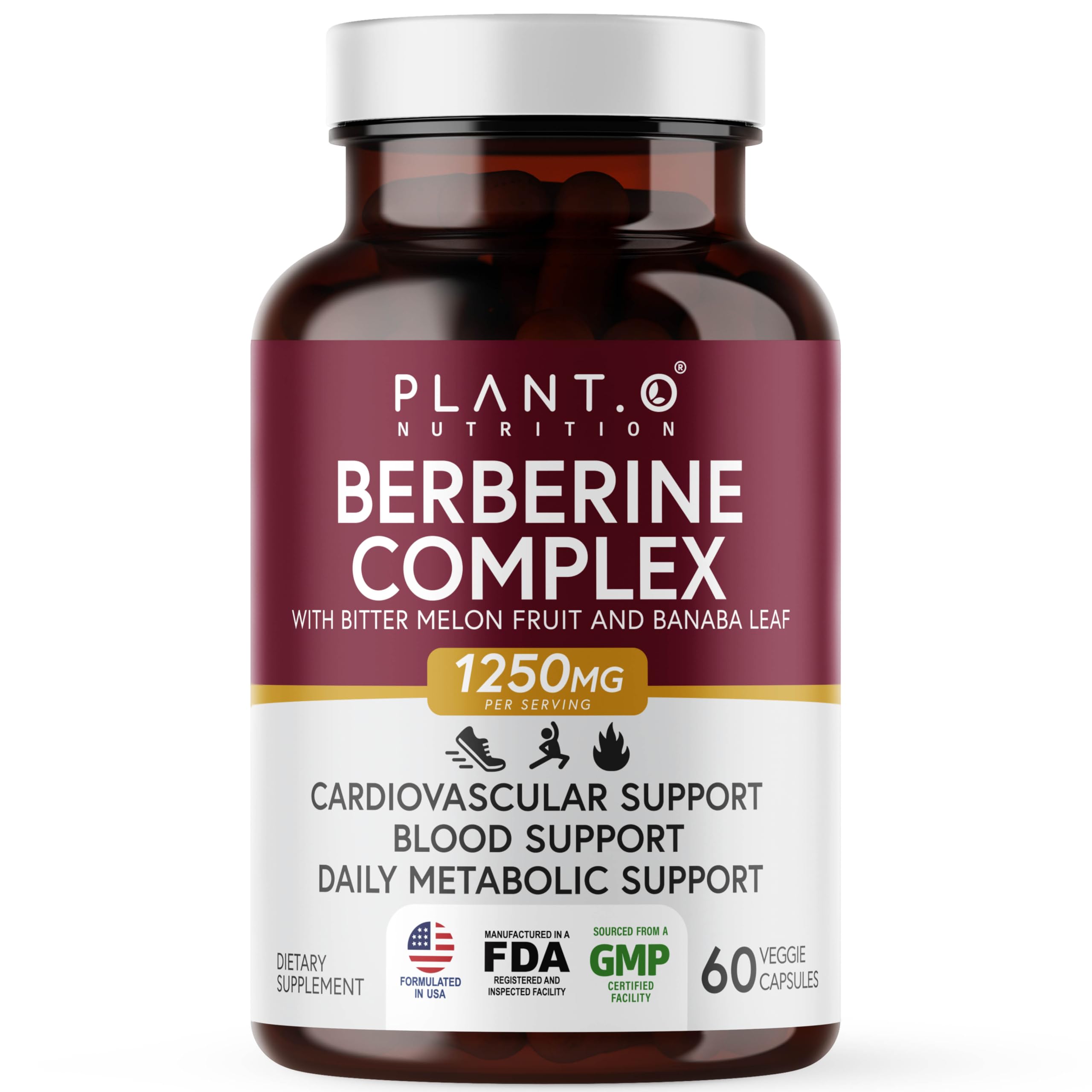 PLANT.O NUTRITION Berberine HCl 1250mg Capsules front view