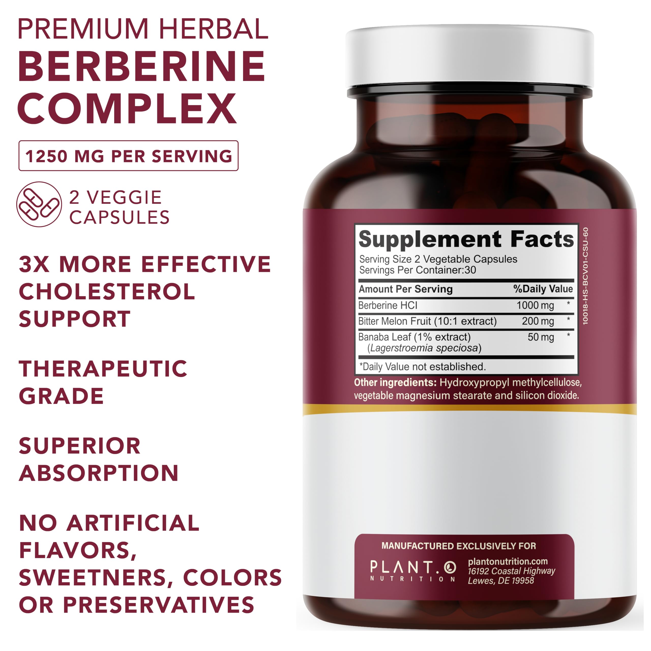 PLANT.O NUTRITION Berberine HCl 1250mg Capsules side view