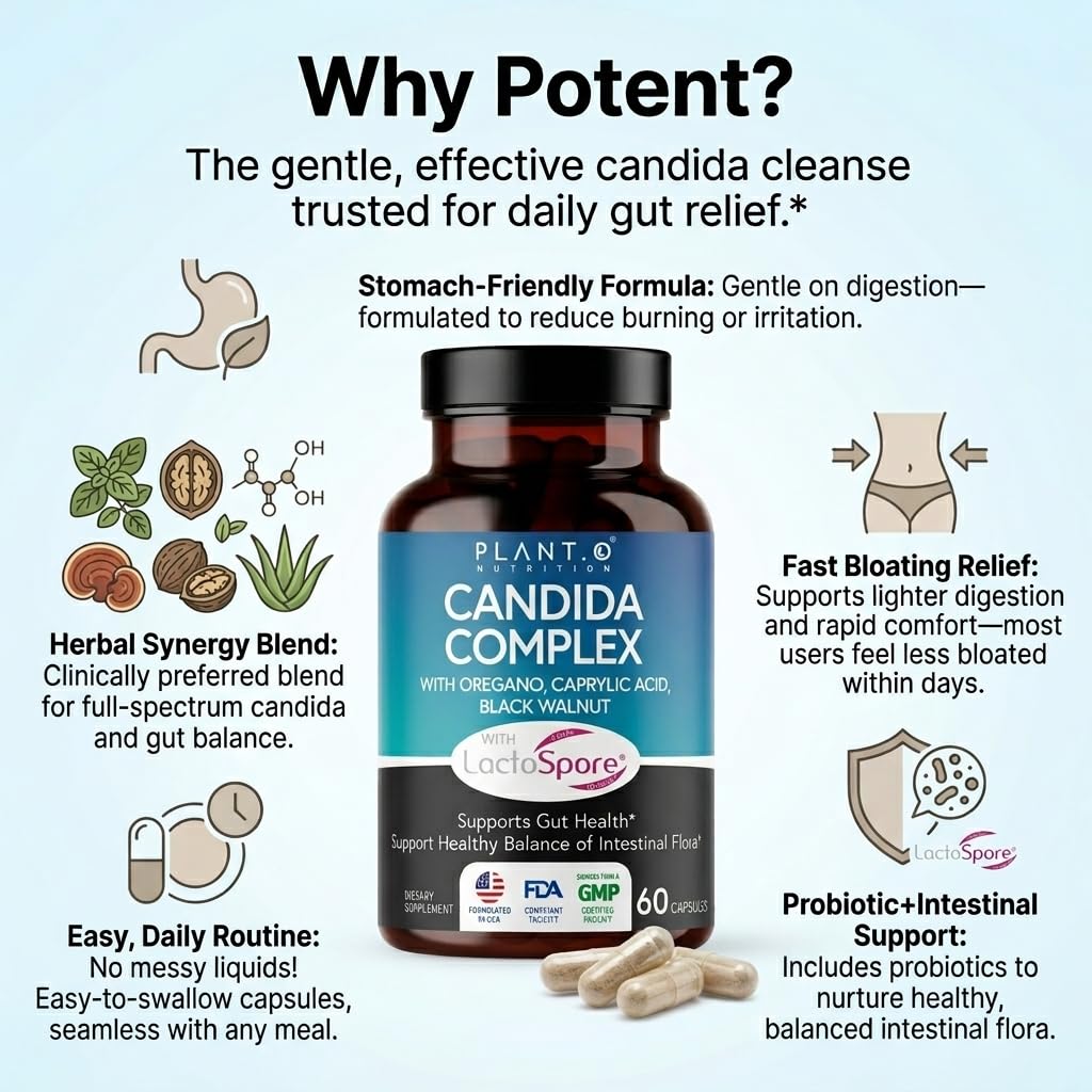 PLANT.O NUTRITION Candida Support Supplement 60 Capsules on a wooden table