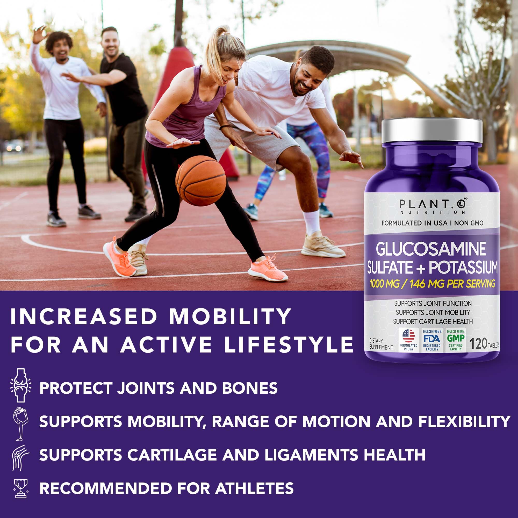 PLANT.O NUTRITION Glucosamine Sulfate Supplement 1000mg capsule close-up