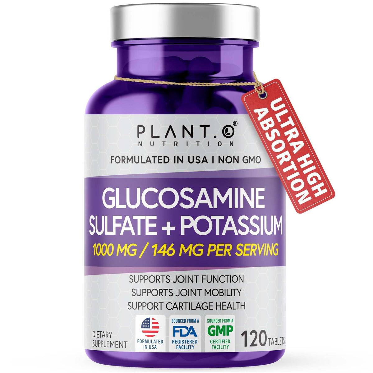 PLANT.O NUTRITION Glucosamine Sulfate Supplement 1000mg front view