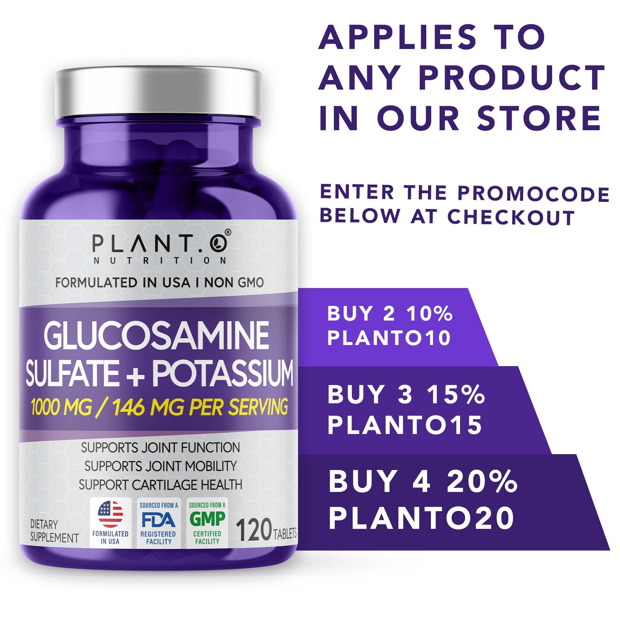 PLANT.O NUTRITION Glucosamine Sulfate Supplement 1000mg on a wooden table