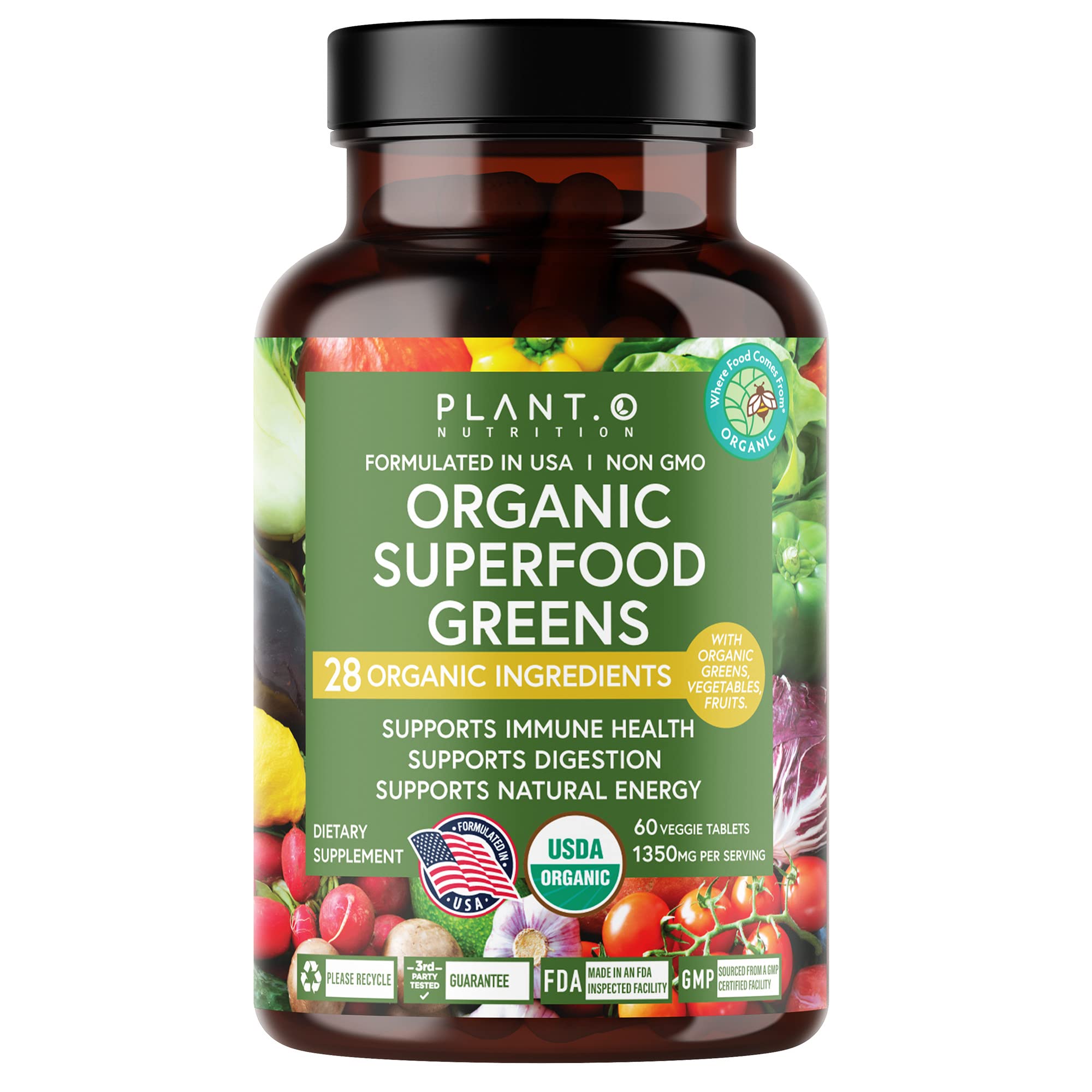PLANT.O NUTRITION Organic Super Greens Powder Capsules front view