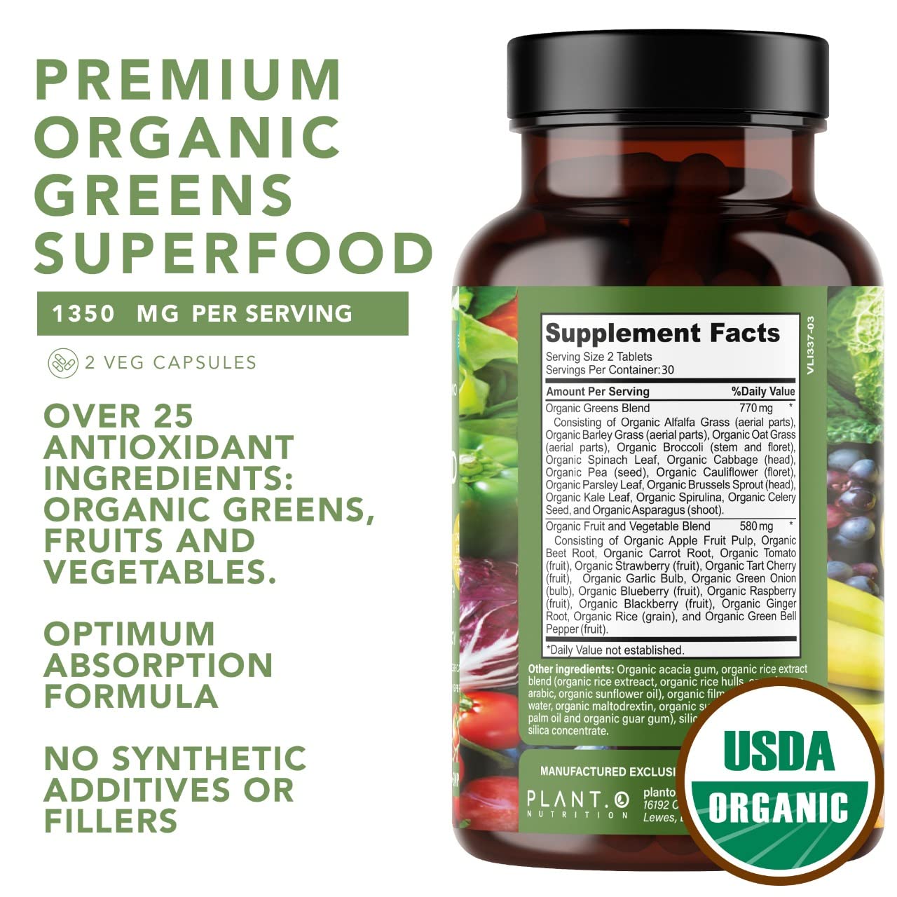 PLANT.O NUTRITION Organic Super Greens Powder Capsules side view