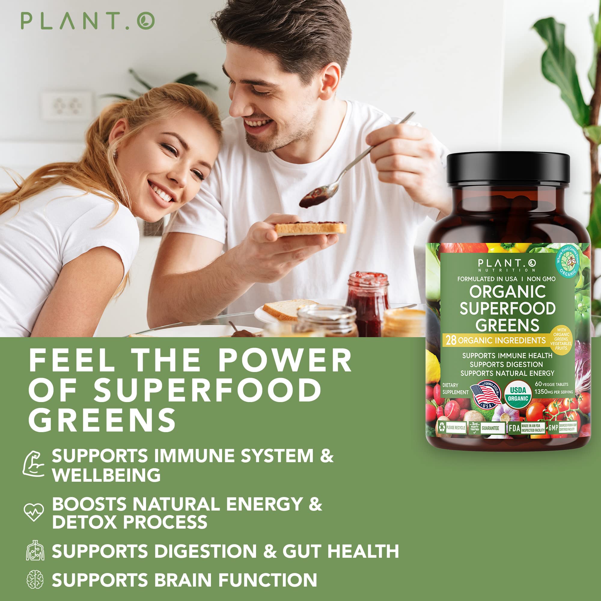 PLANT.O NUTRITION Organic Super Greens Powder Capsules with packaging