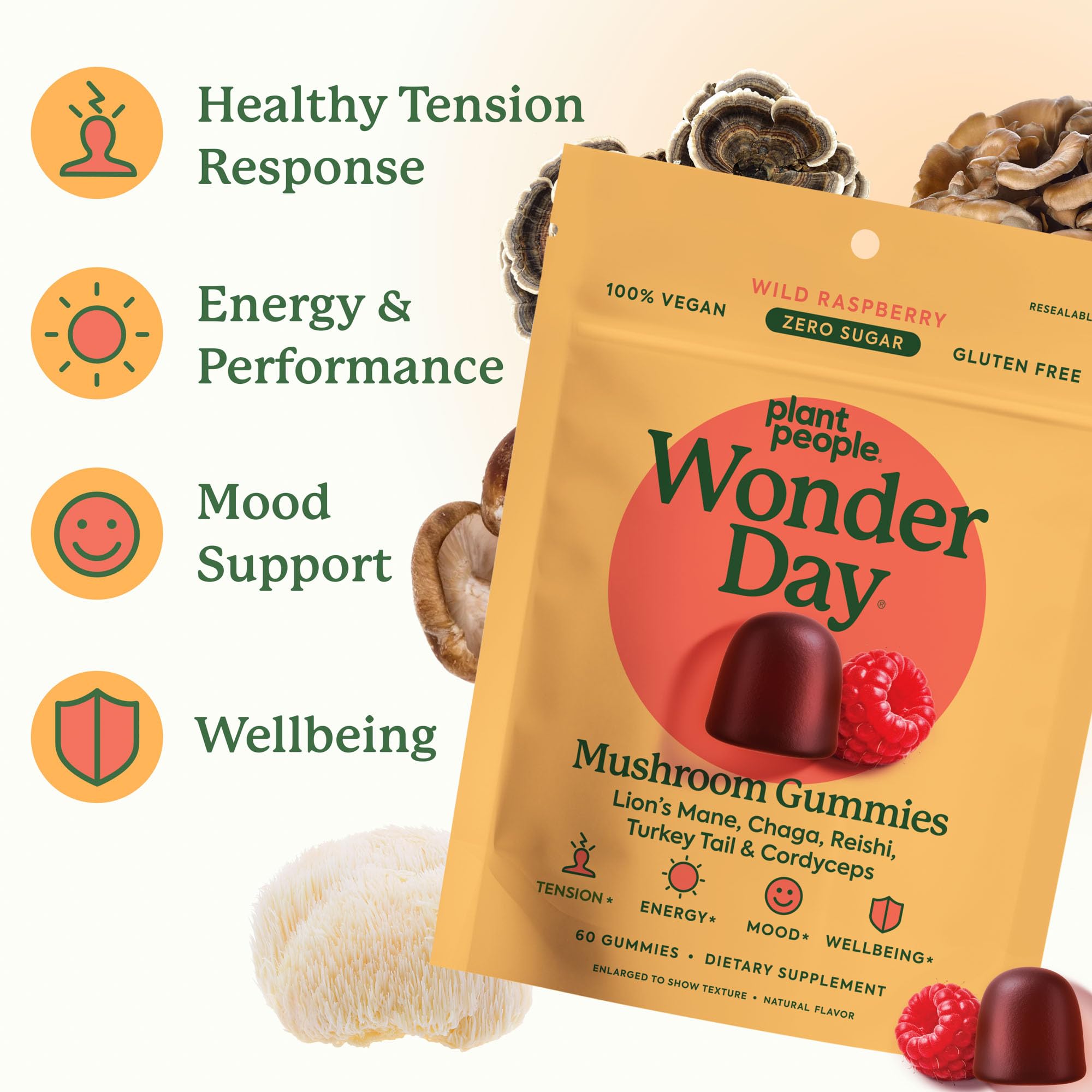 Plant People Wonderday Mushroom Gummies displayed with mushrooms
