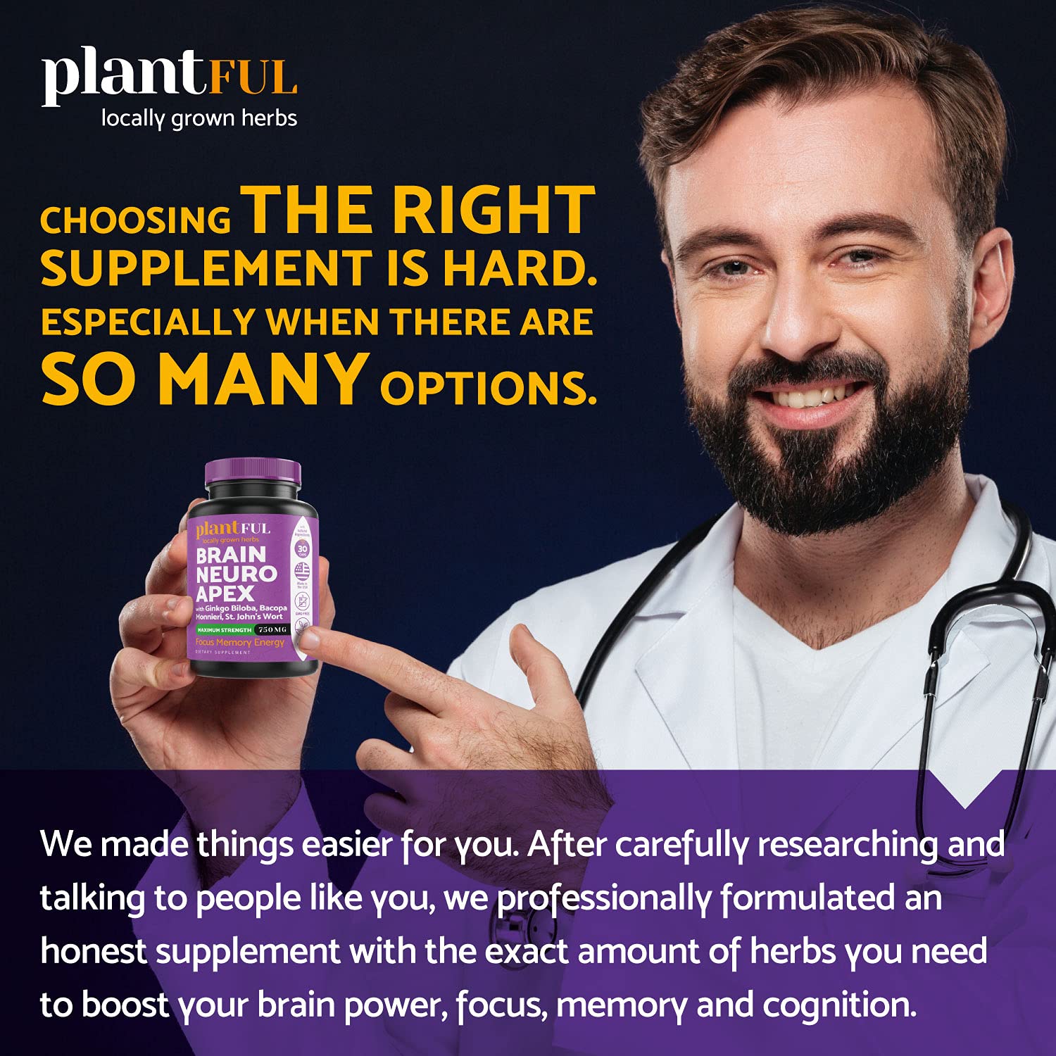PLANTFUL RESEARCH Ginkgo Biloba Brain Supplement 50mg capsules on a wooden table