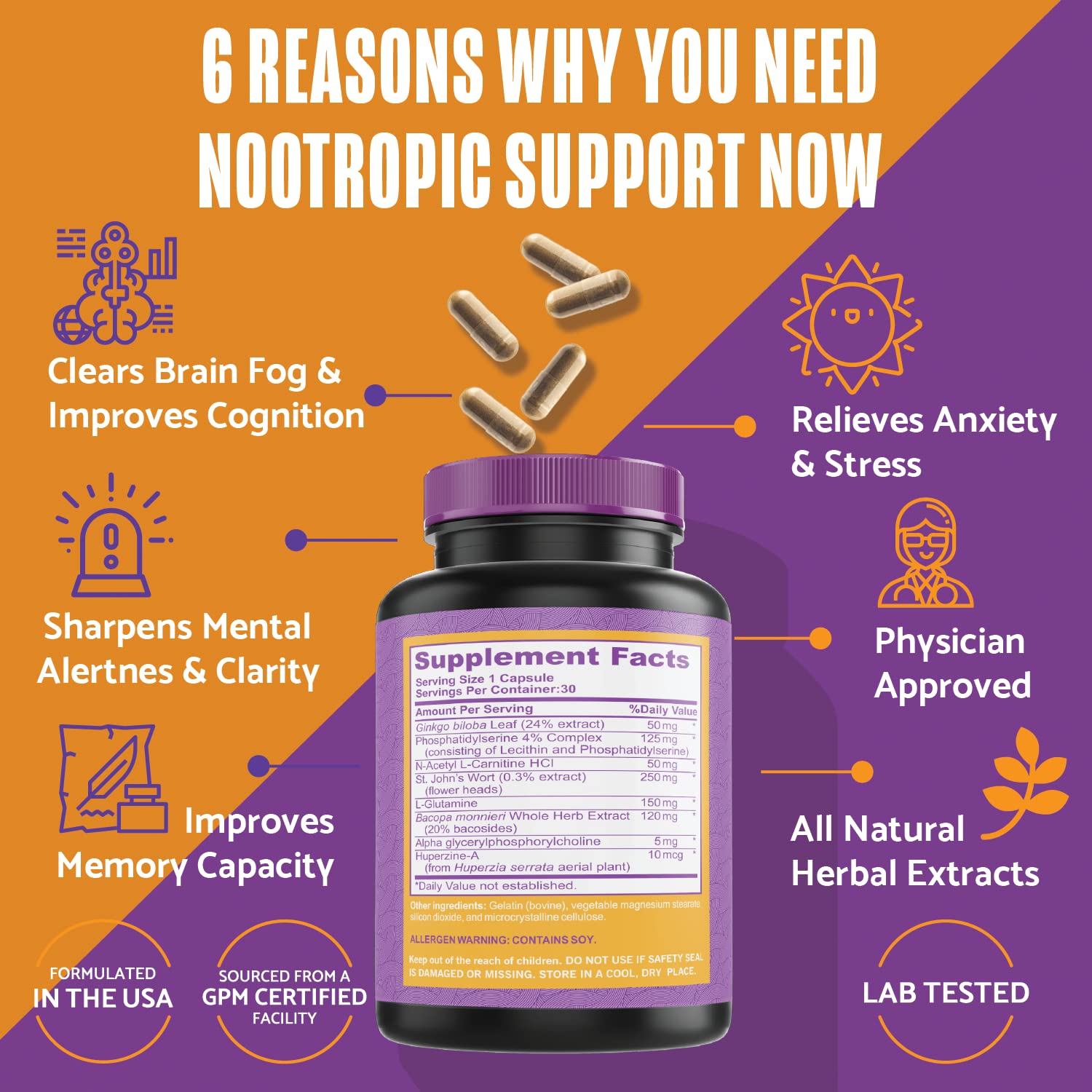 PLANTFUL RESEARCH Ginkgo Biloba Brain Supplement 50mg capsules side view