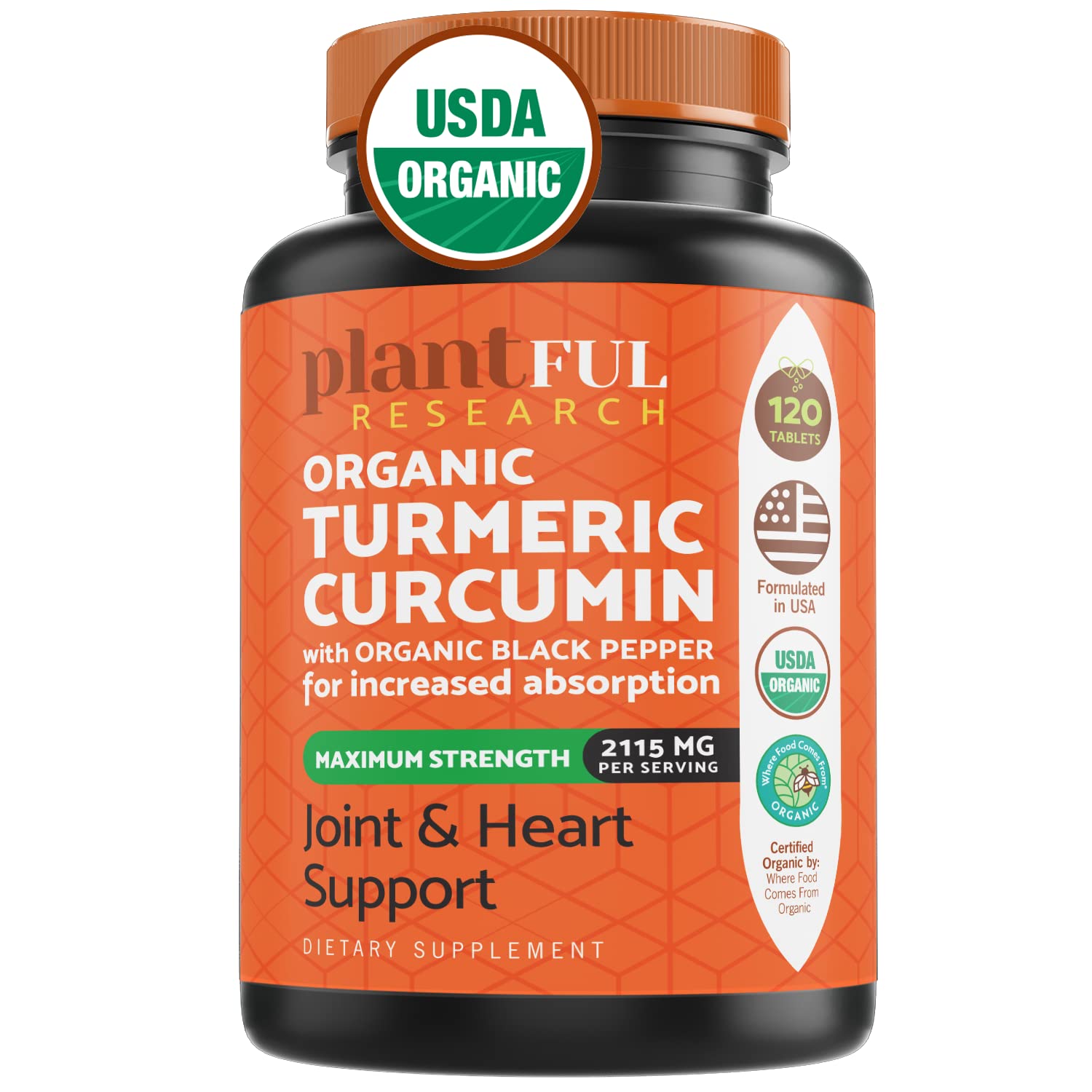 PLANTFUL RESEARCH Organic Turmeric Curcumin Tablets front view