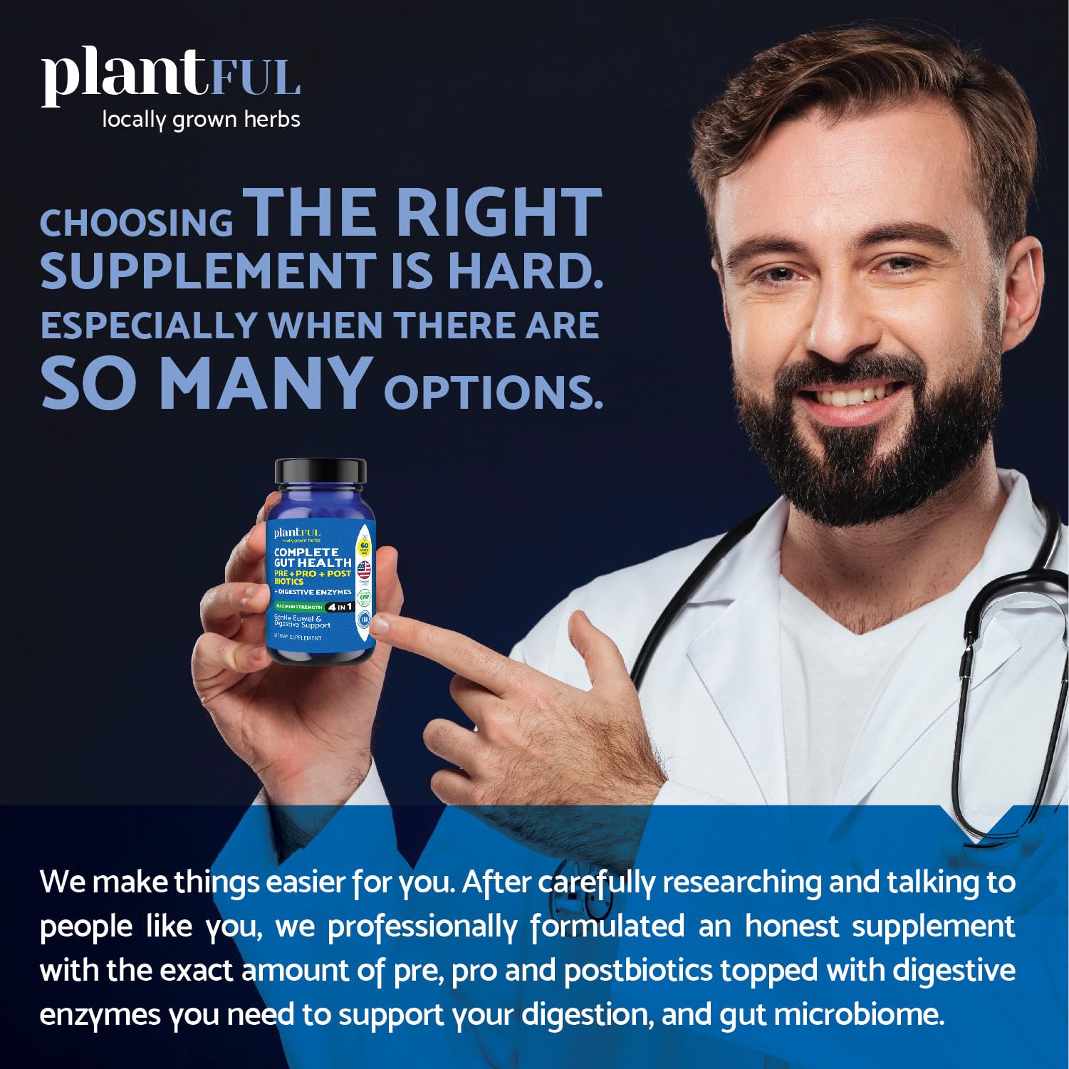 PLANTFUL RESEARCH Prebiotic Probiotic daily Enzymes capsules in hand