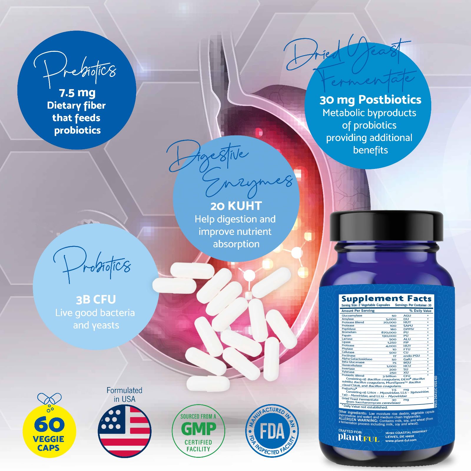 PLANTFUL RESEARCH Prebiotic Probiotic daily Enzymes packaging