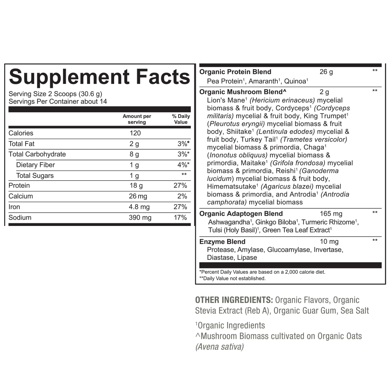 PlantFusion Mushroom Protein Powder 2000mg nutritional information