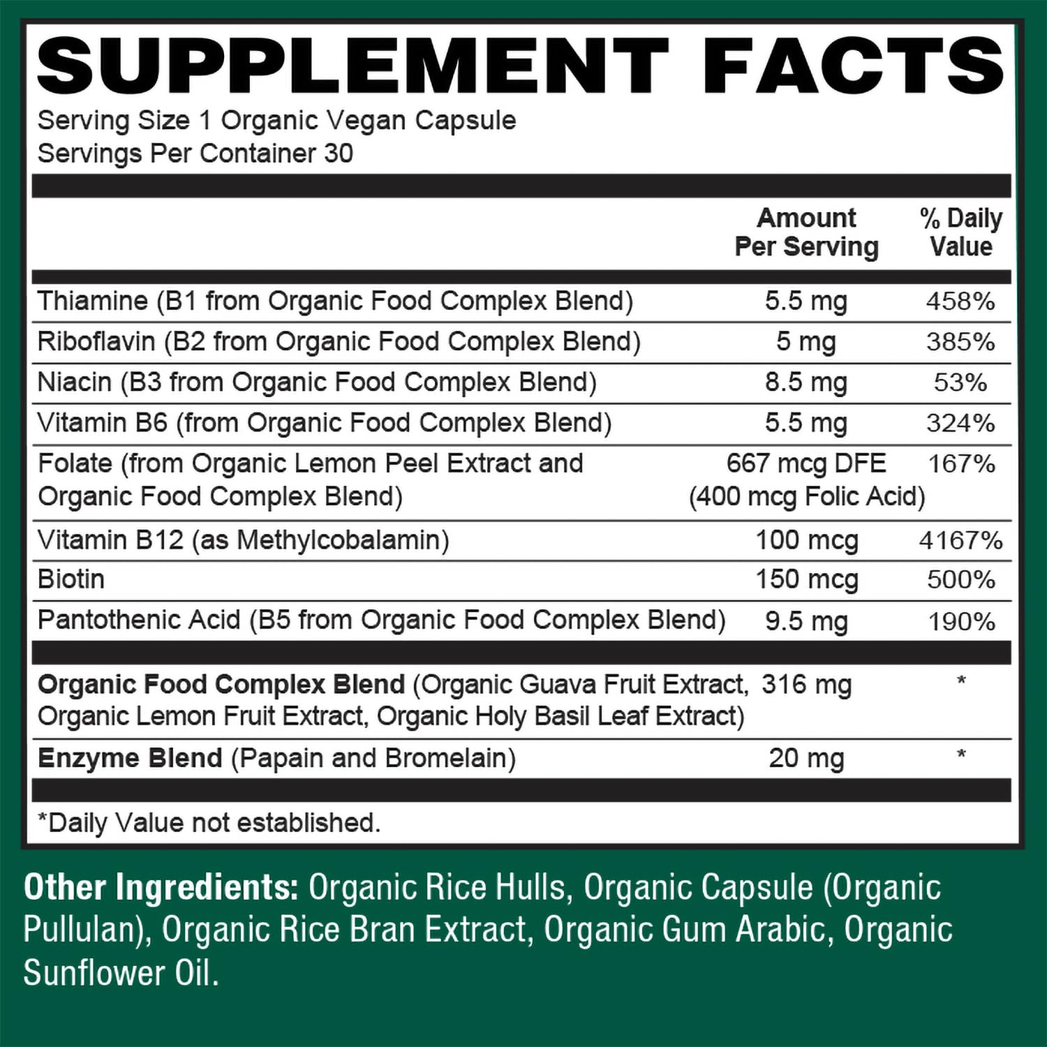 PlantFusion Organic B-Complex Vitamins back view with nutritional information