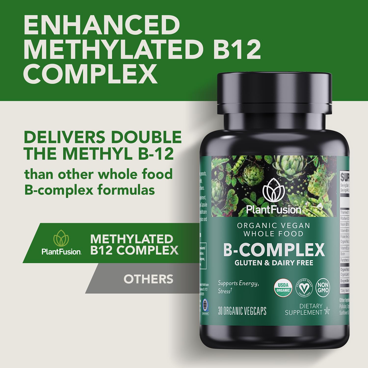 PlantFusion Organic B-Complex Vitamins capsules in a clear container