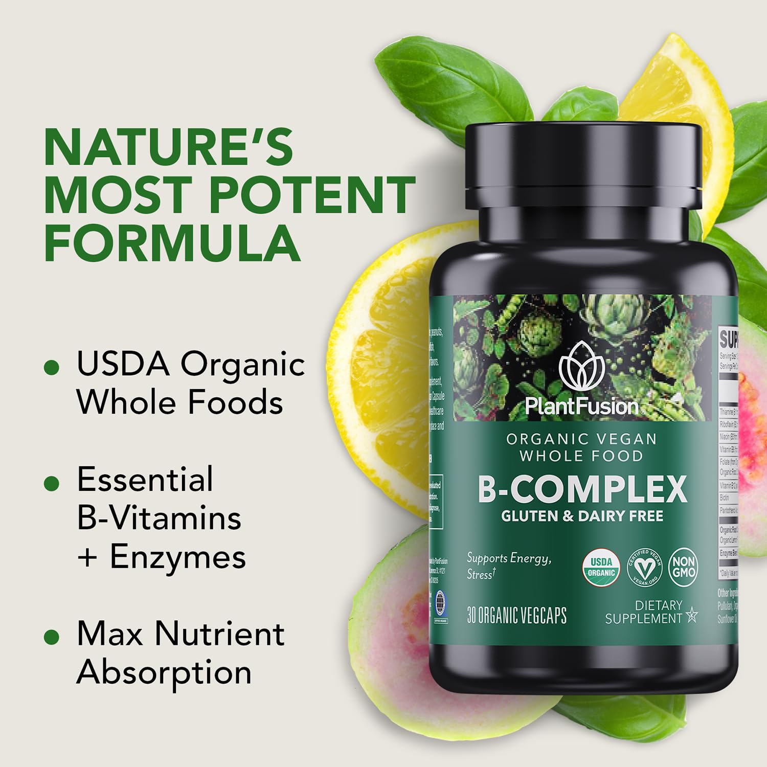 PlantFusion Organic B-Complex Vitamins side view with ingredients list