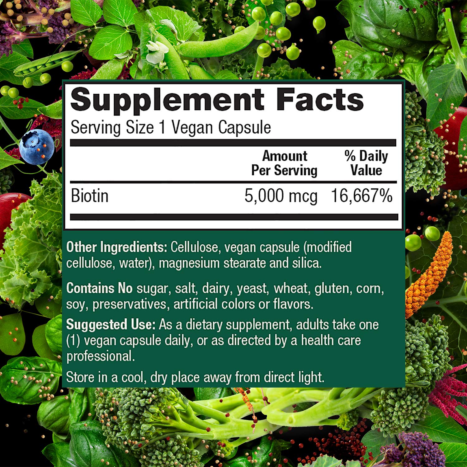 PlantFusion Vegan Biotin Supplement 5000mcg capsules in a bowl