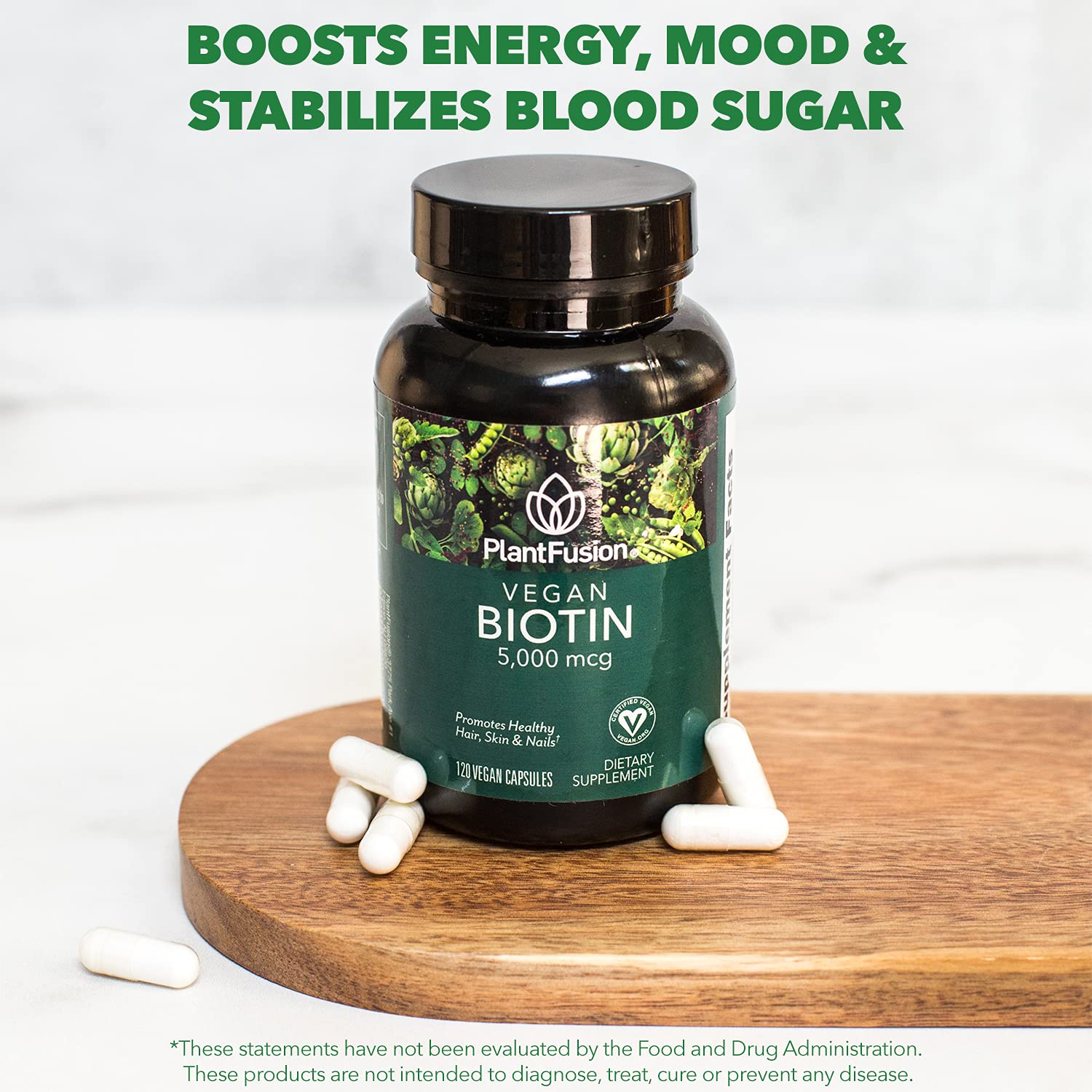 PlantFusion Vegan Biotin Supplement 5000mcg lifestyle scene with a glass of water