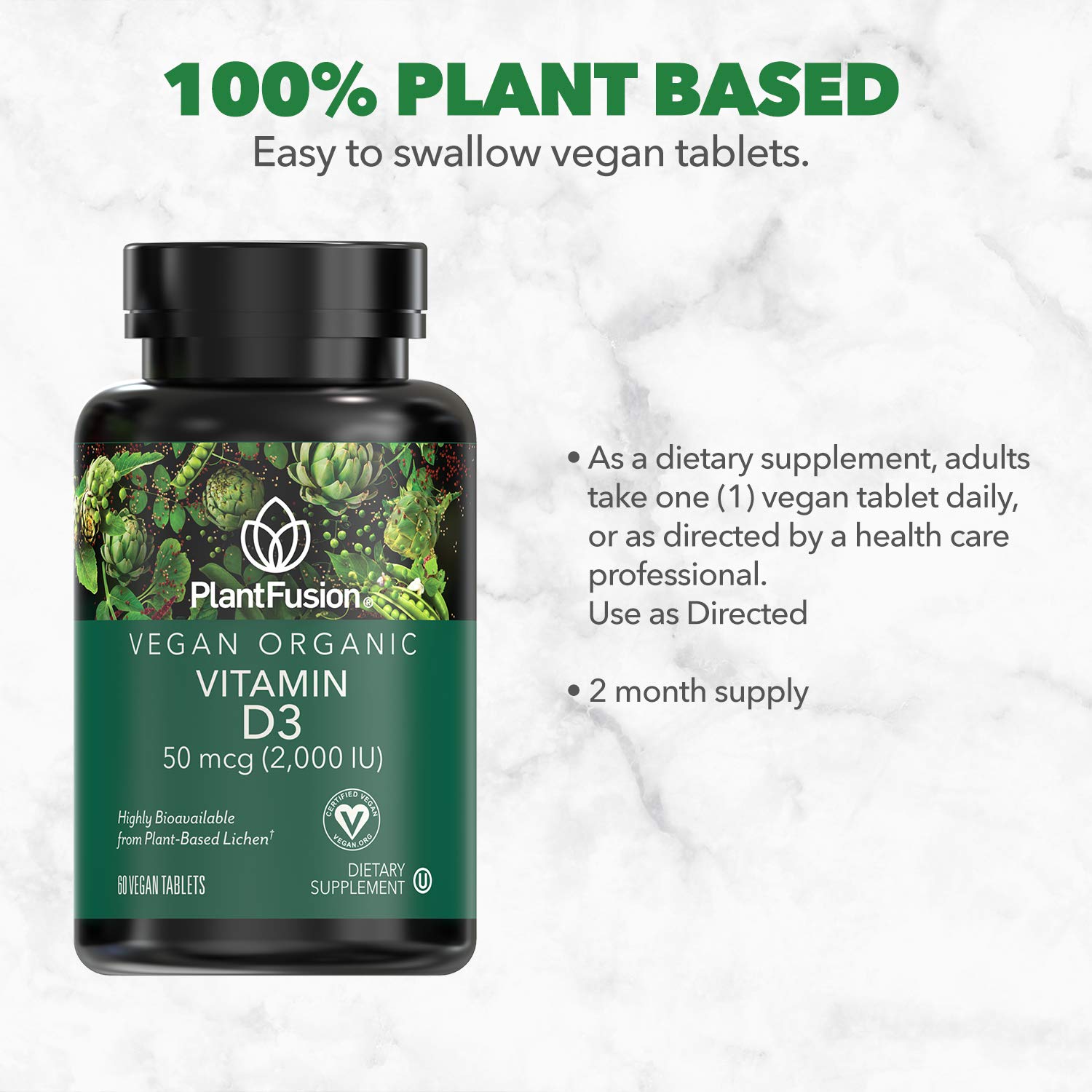 PlantFusion Vegan Vitamin D3 2000IU 60 Tablets back view