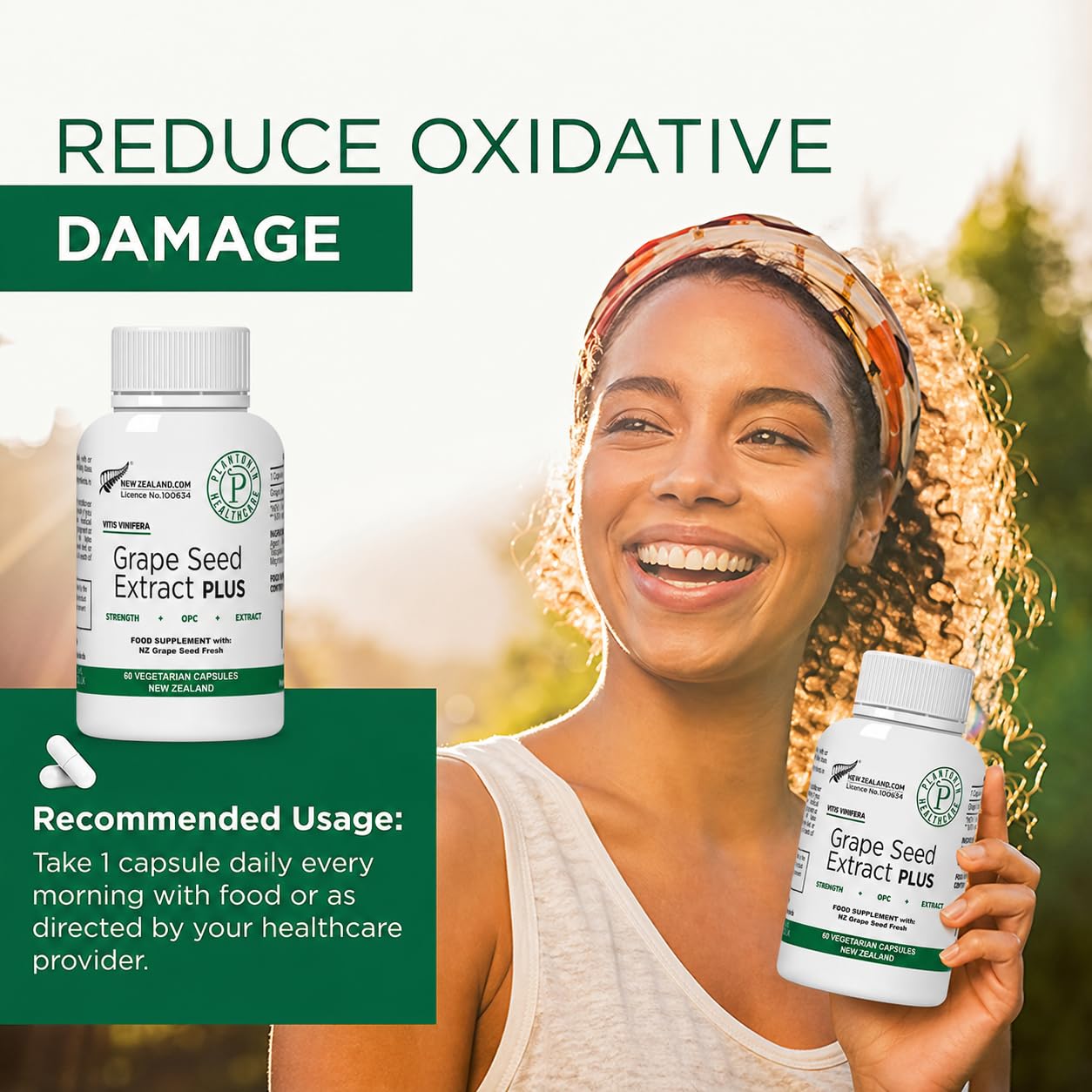 Plantonin Grape Seed Extract Plus capsules on wooden surface