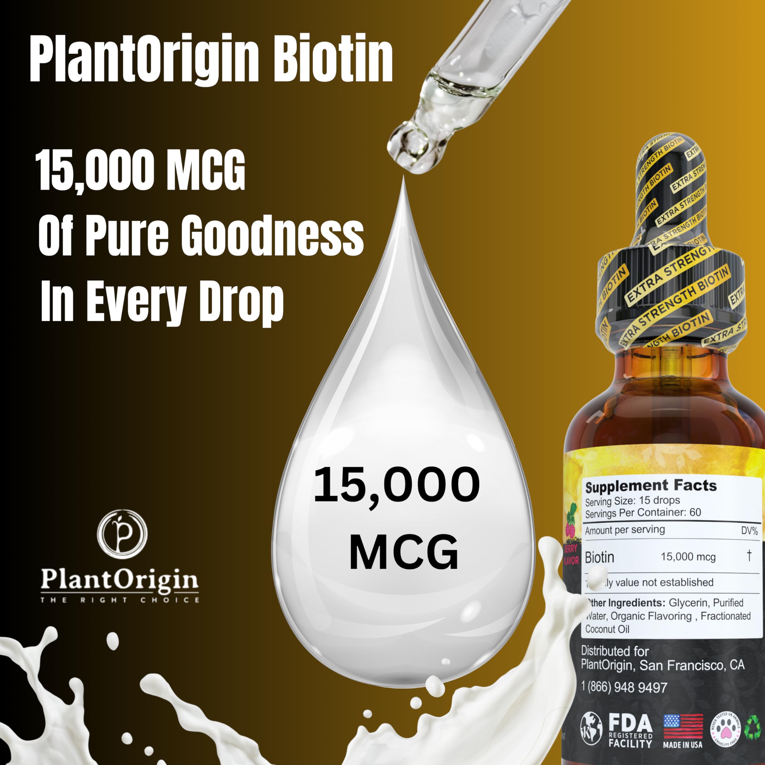 PLANTORIGIN Liquid Biotin 15,000 MCG bottle with cap