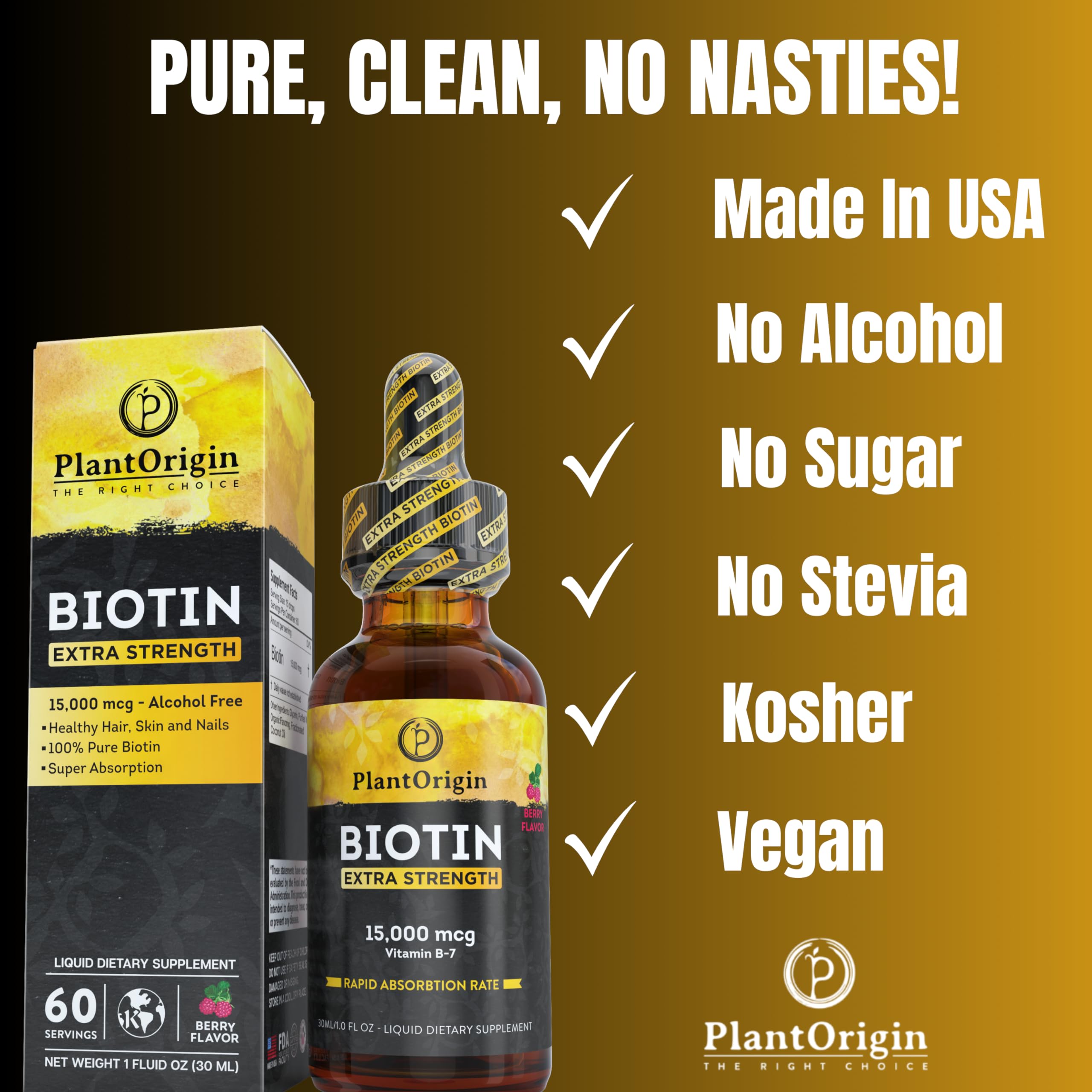 PLANTORIGIN Liquid Biotin 15,000 MCG side view
