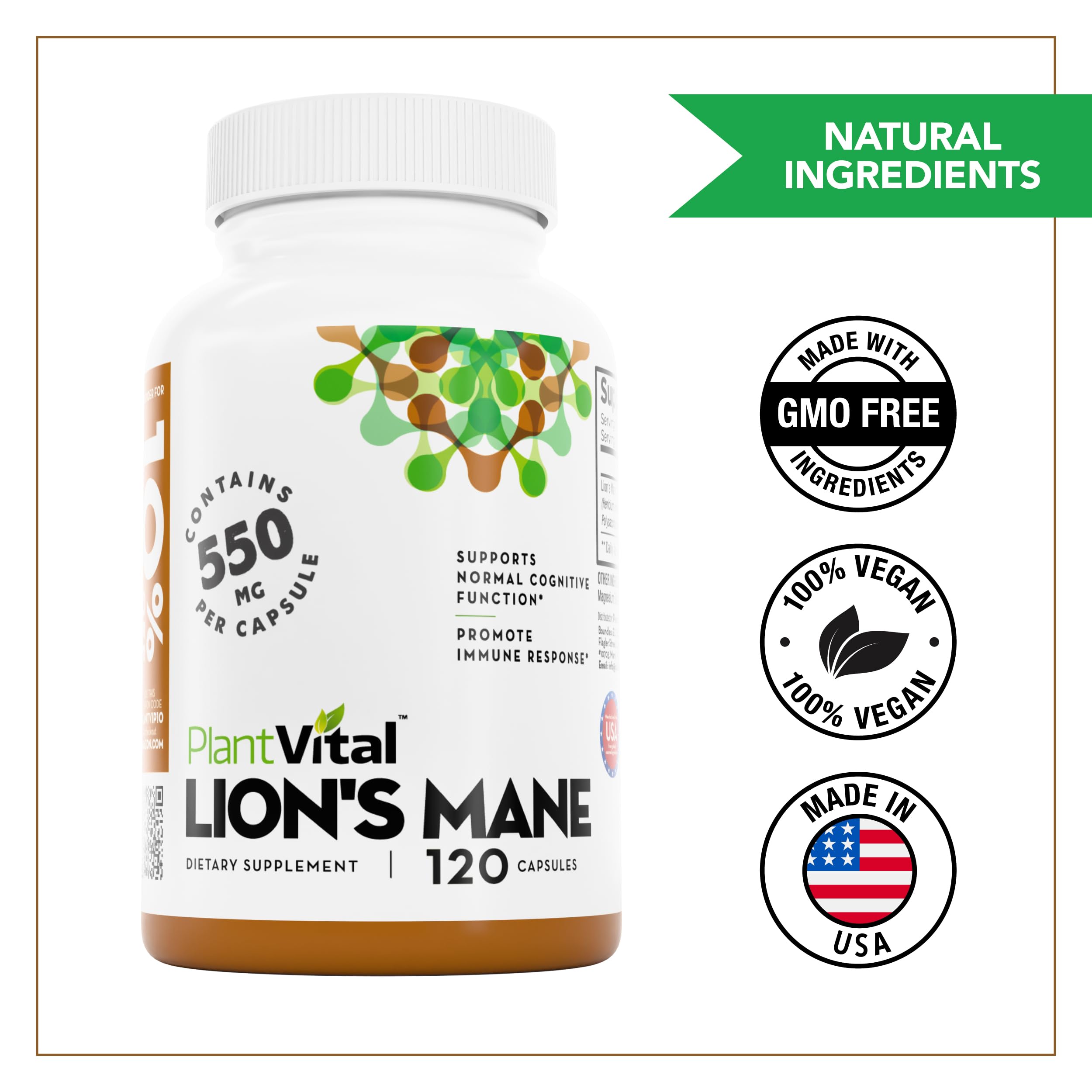 Plantvital Organic Lion’s Mane Mushroom Capsules on a wooden table