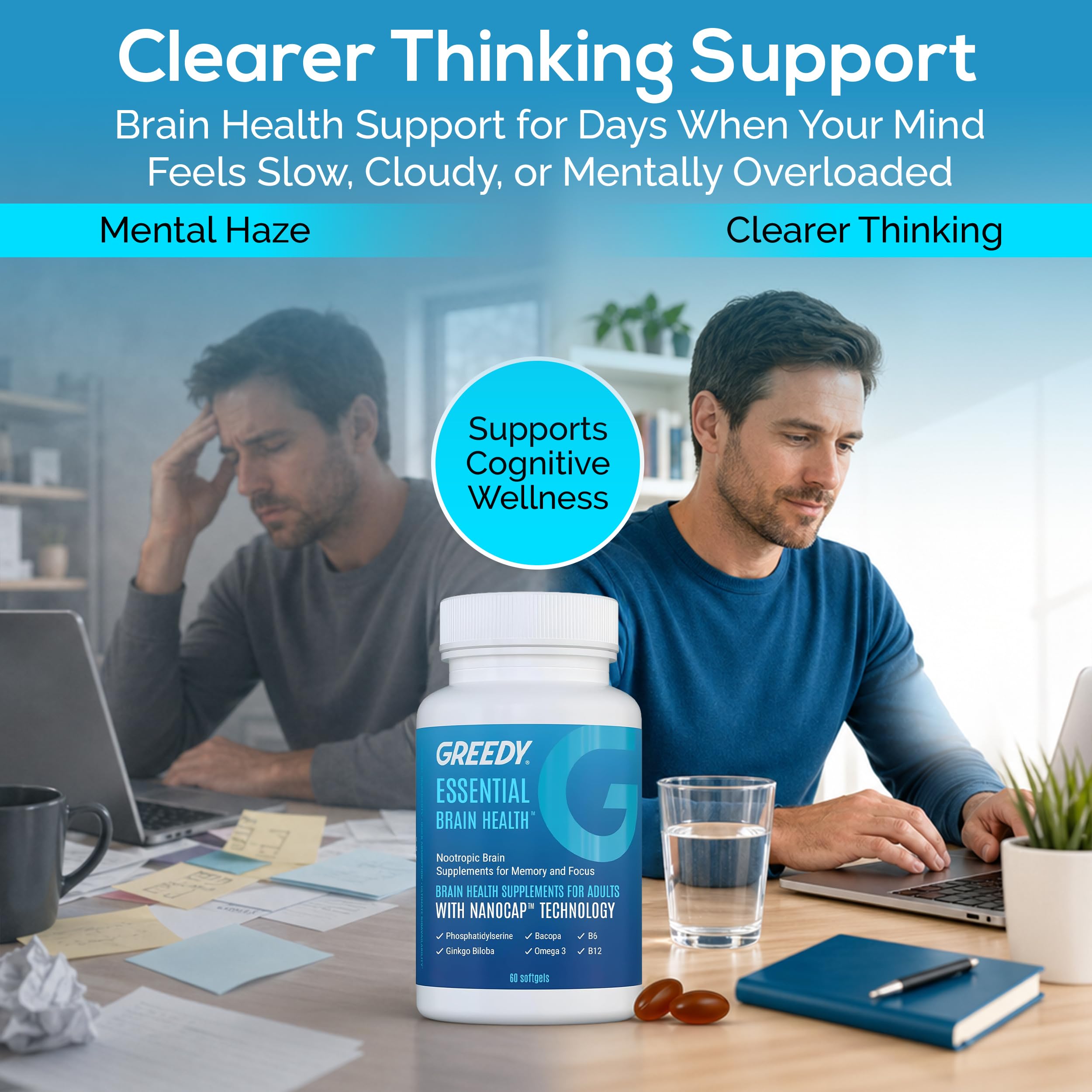 Platinum Health Essential Brain Health softgels in a daily supplement routine