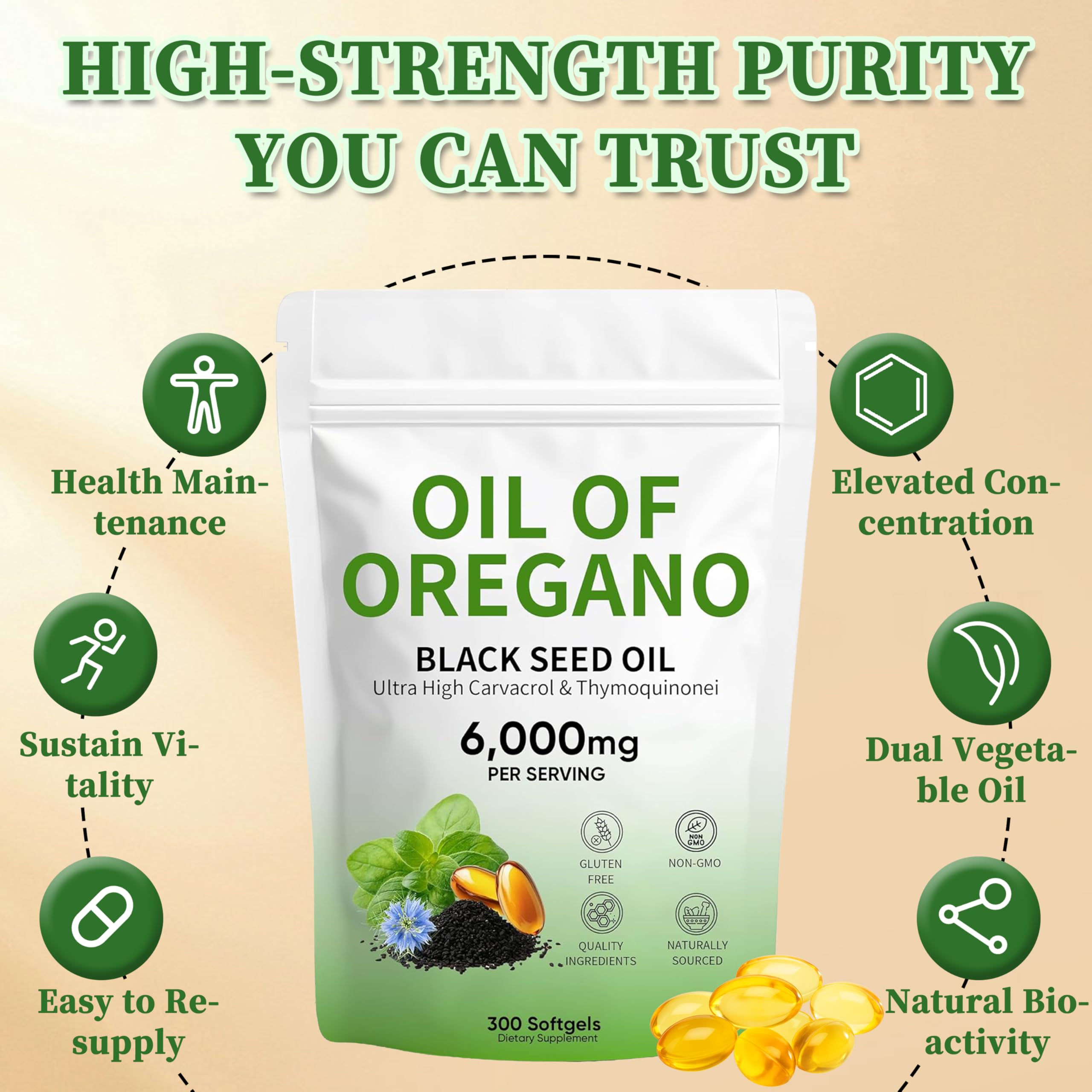 Plaxssuss Oregano Oil and Black Seed Oil Softgels close-up