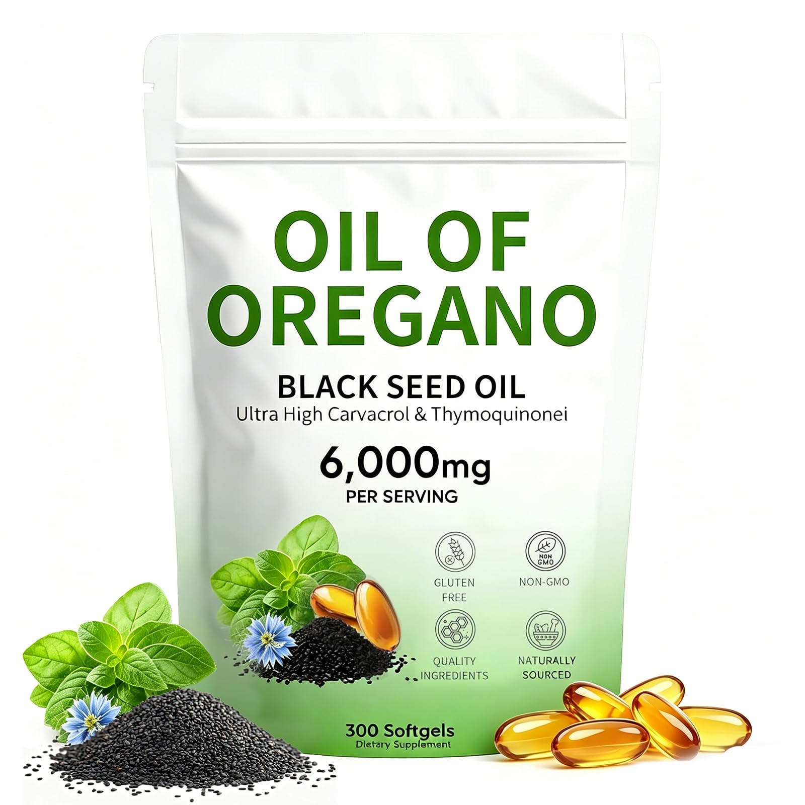 Plaxssuss Oregano Oil and Black Seed Oil Softgels front view