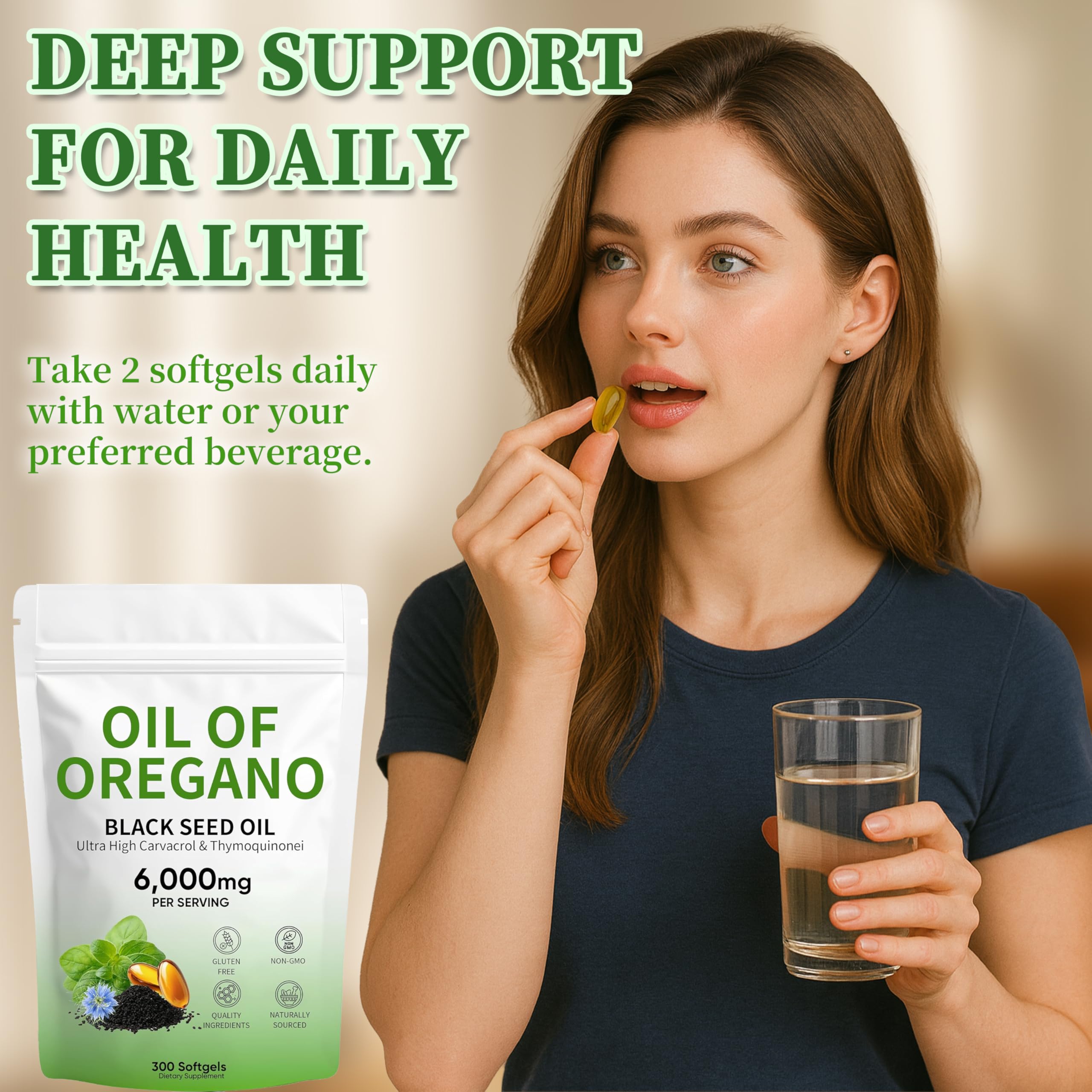 Plaxssuss Oregano Oil and Black Seed Oil Softgels on a table