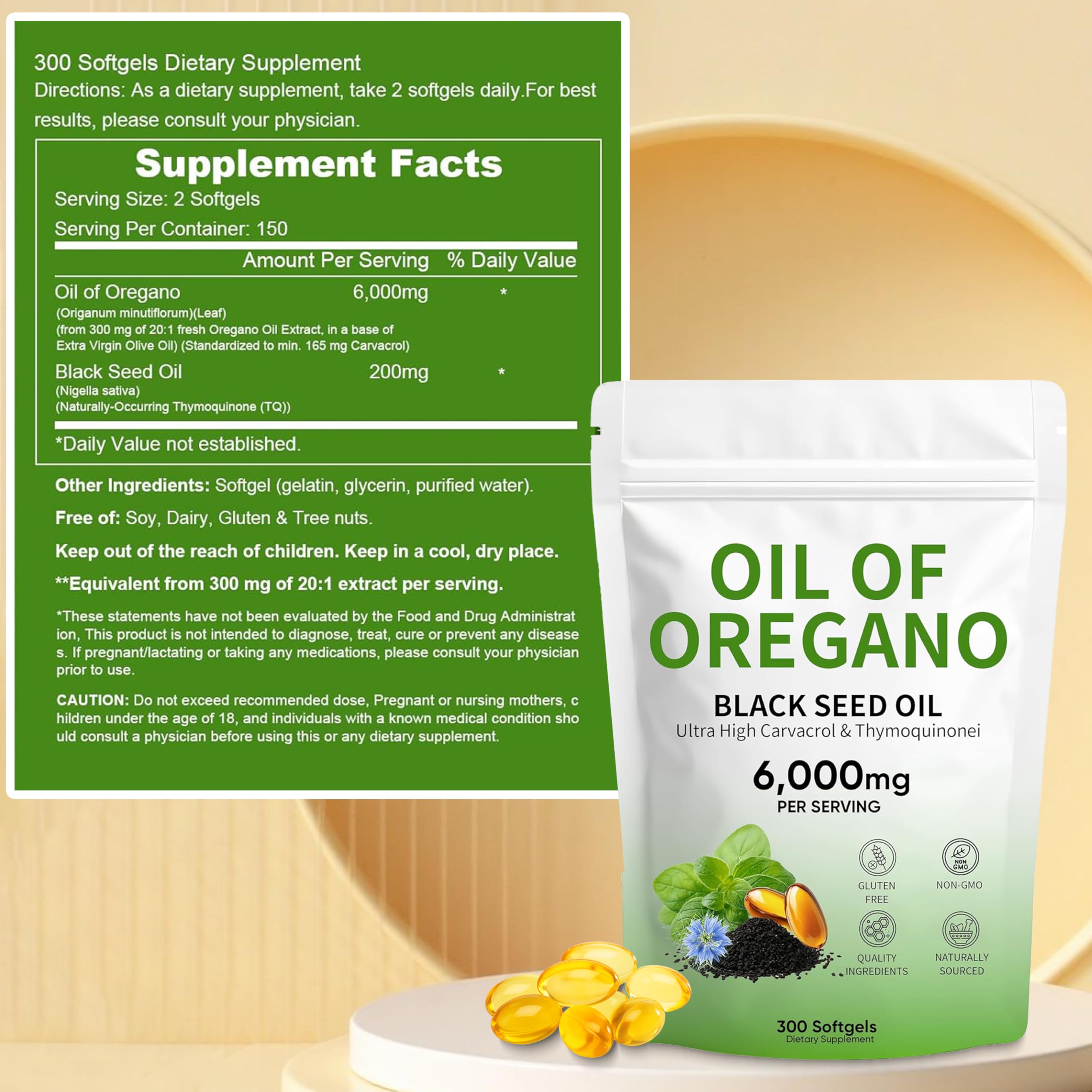 Plaxssuss Oregano Oil and Black Seed Oil Softgels packaging