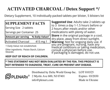 PLENARX Activated Charcoal Tablets packaging on a flat surface