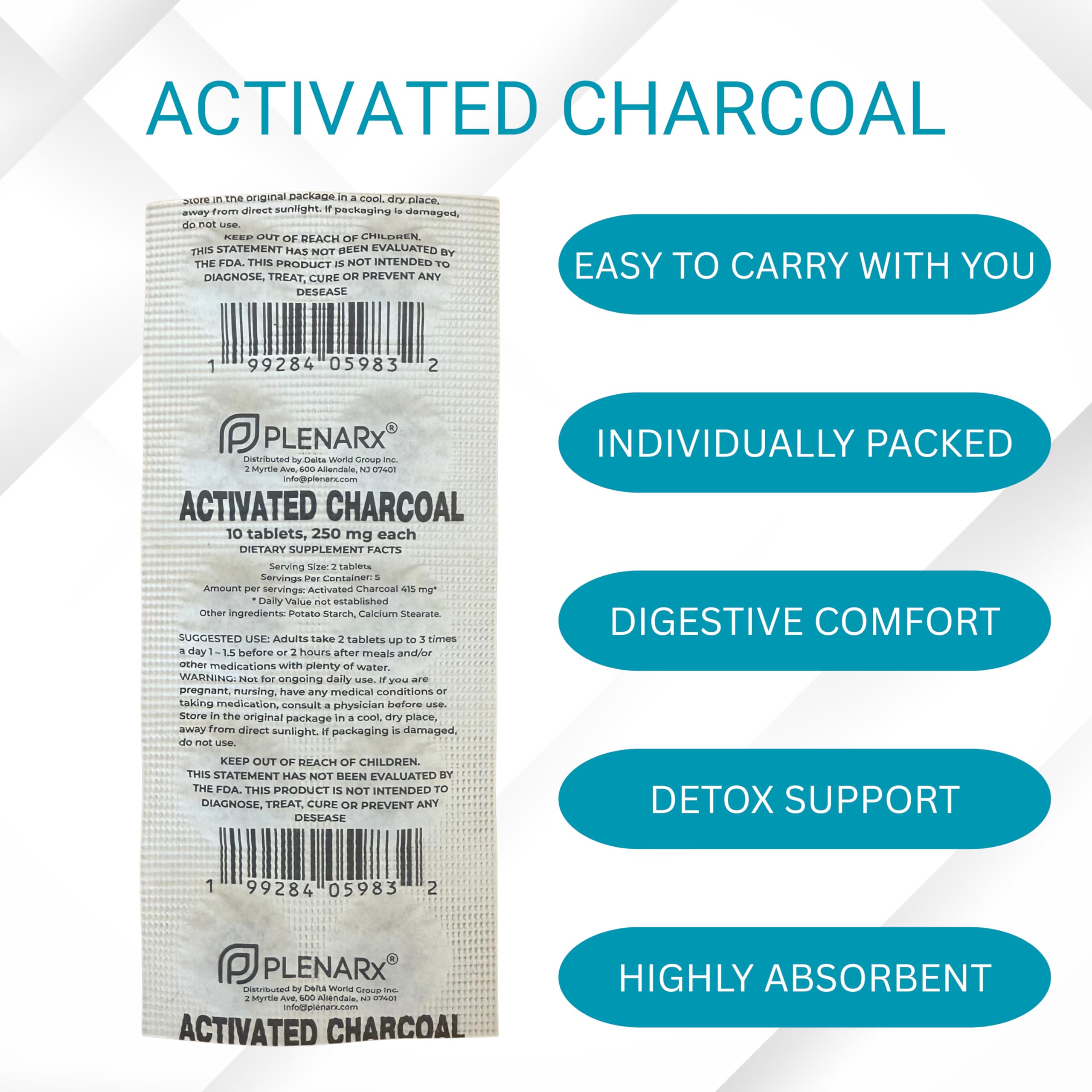 PLENARX Activated Charcoal Tablets side view in hand