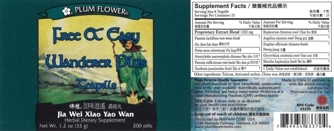Plum Flower Free & Easy Wanderer Plus Teapills showing pills inside bottle