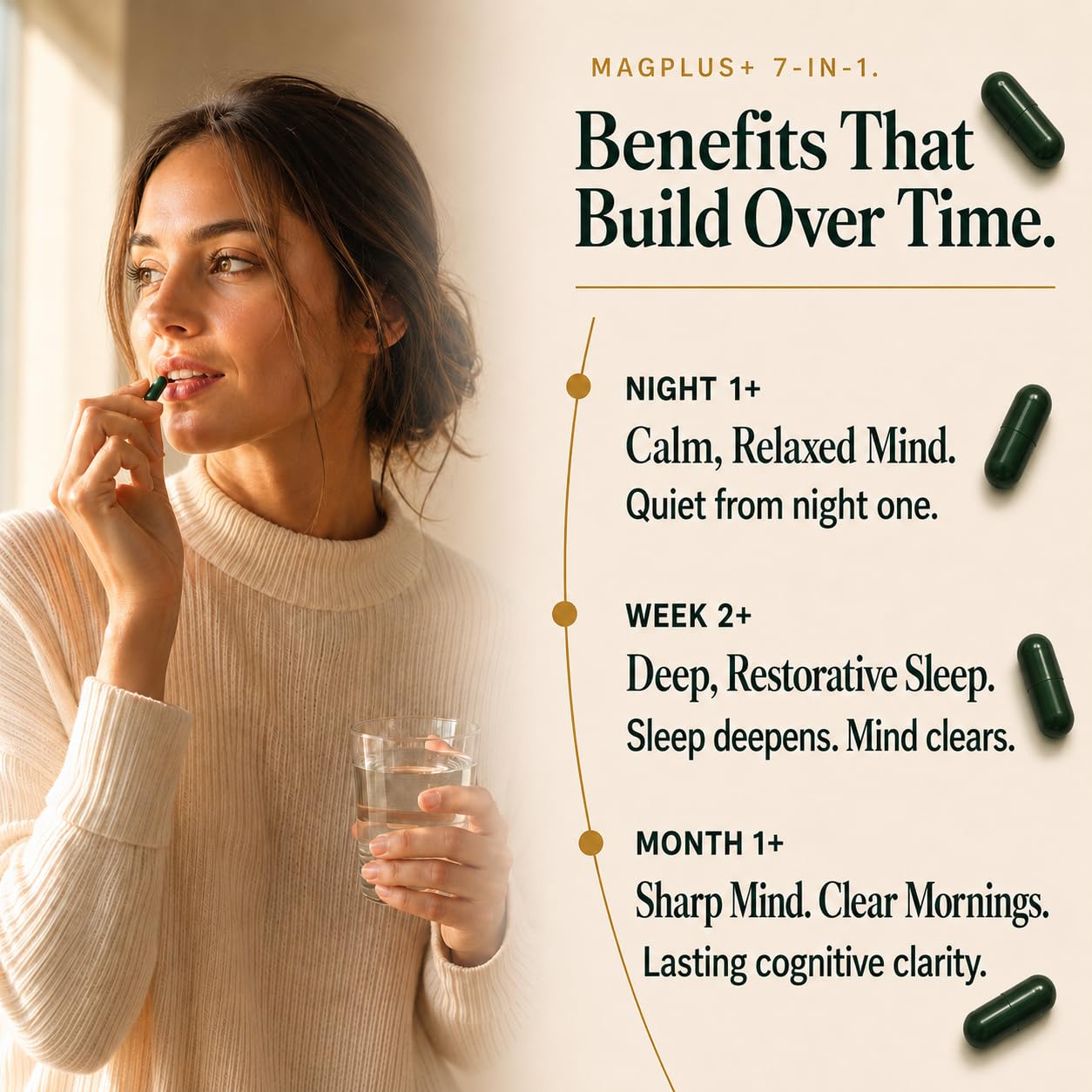 Plus+Ultra Magnesium Threonate Sleep Stack capsules on a wooden table