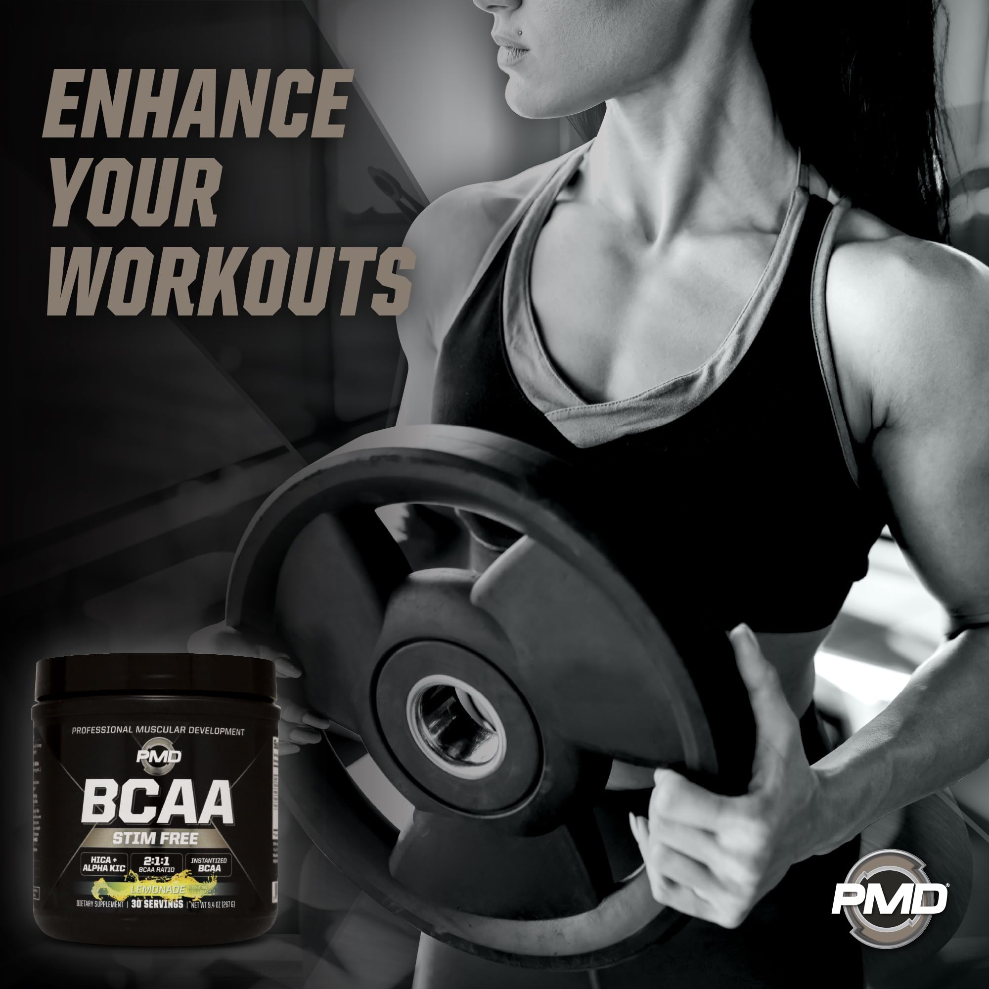 PMD BCAA Powder 261g alongside protein powder