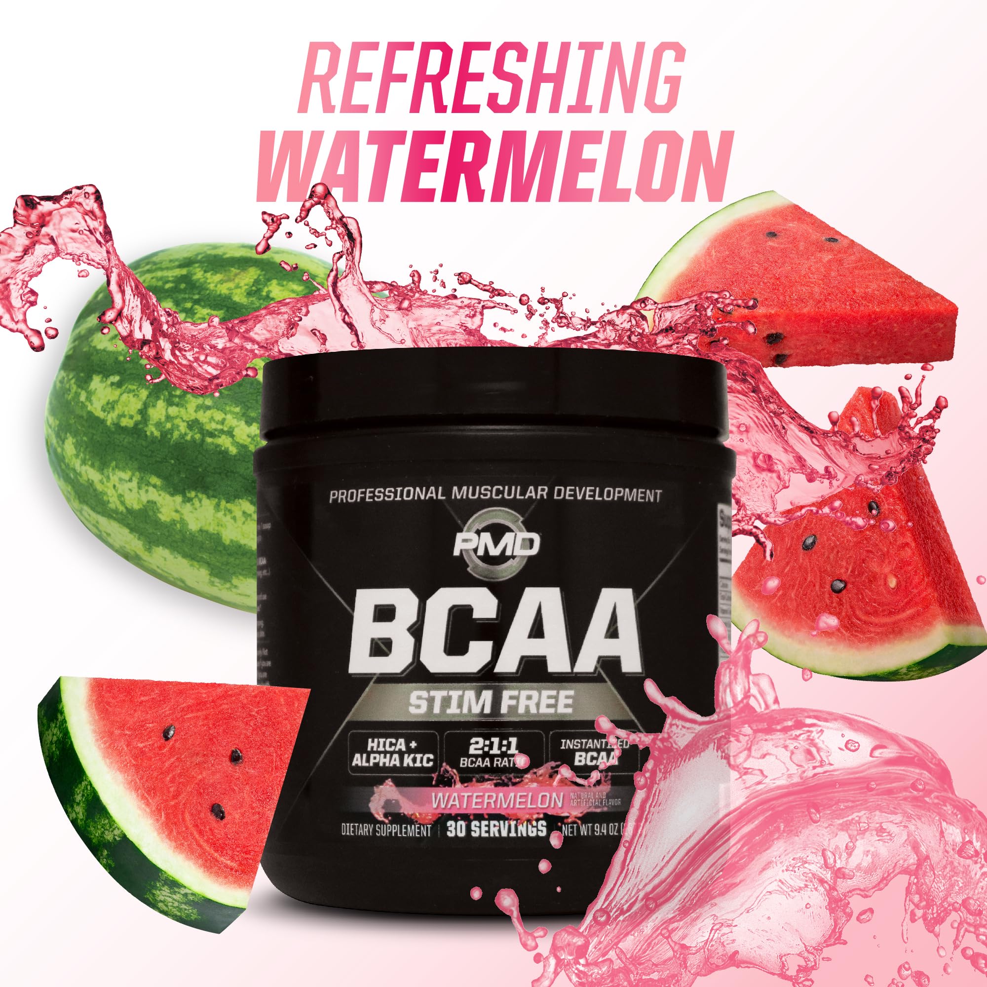 PMD BCAA Powder 261g displayed with workout accessories