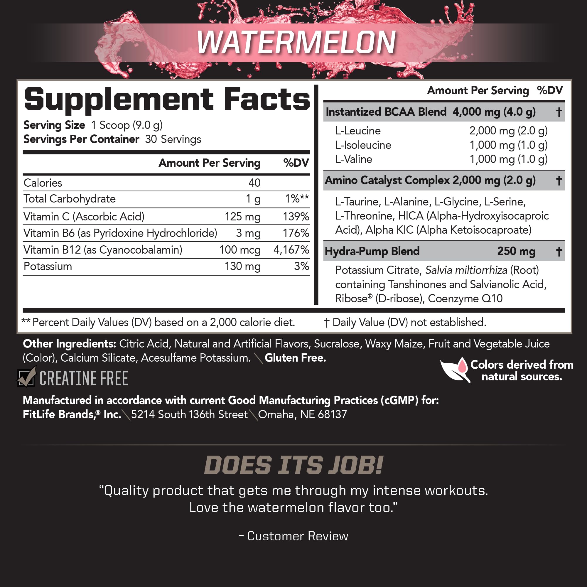 PMD BCAA Powder 261g side view showing nutritional information