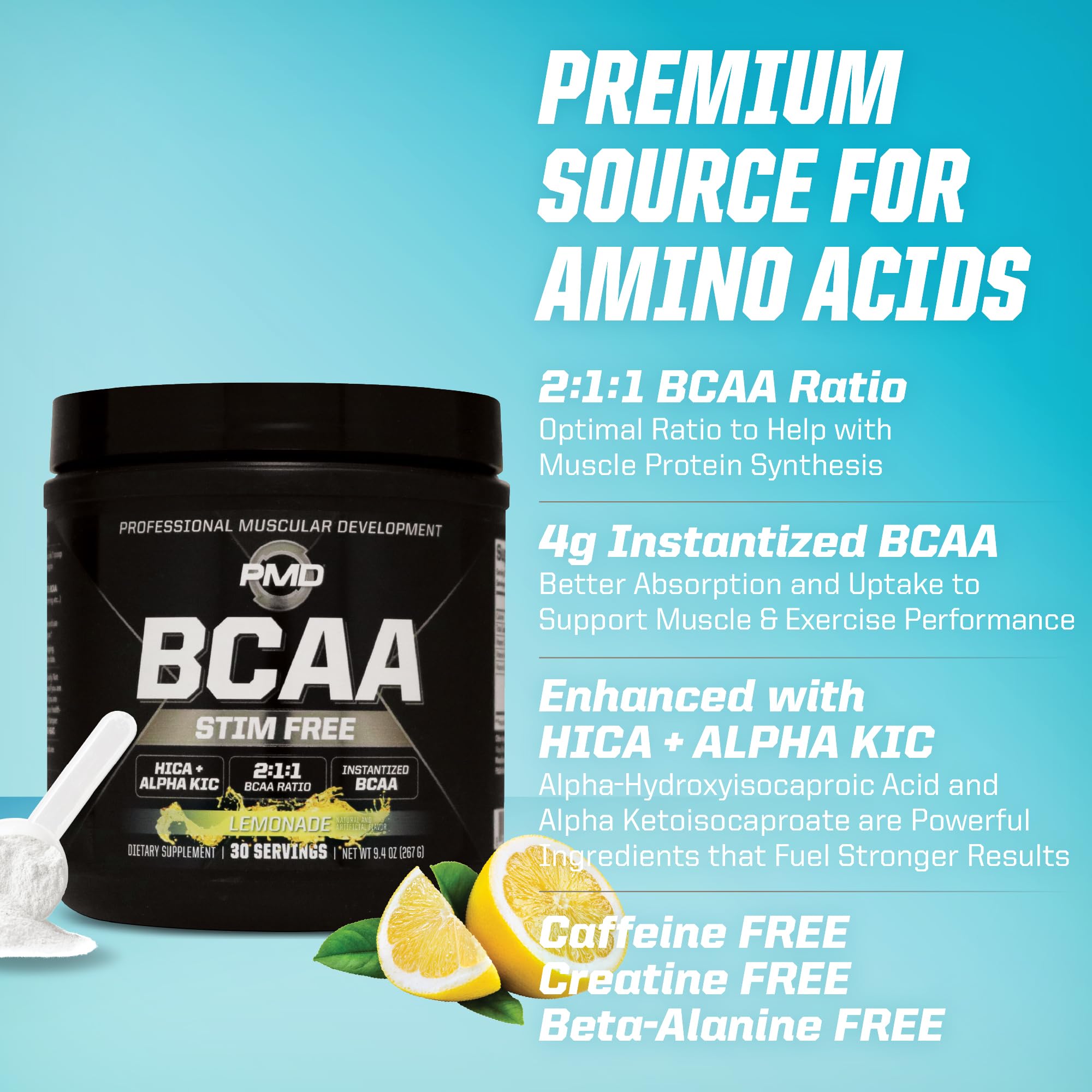 PMD BCAA Powder 261g with a measuring scoop