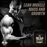 PMD BCAA Powder 261g with gym equipment background