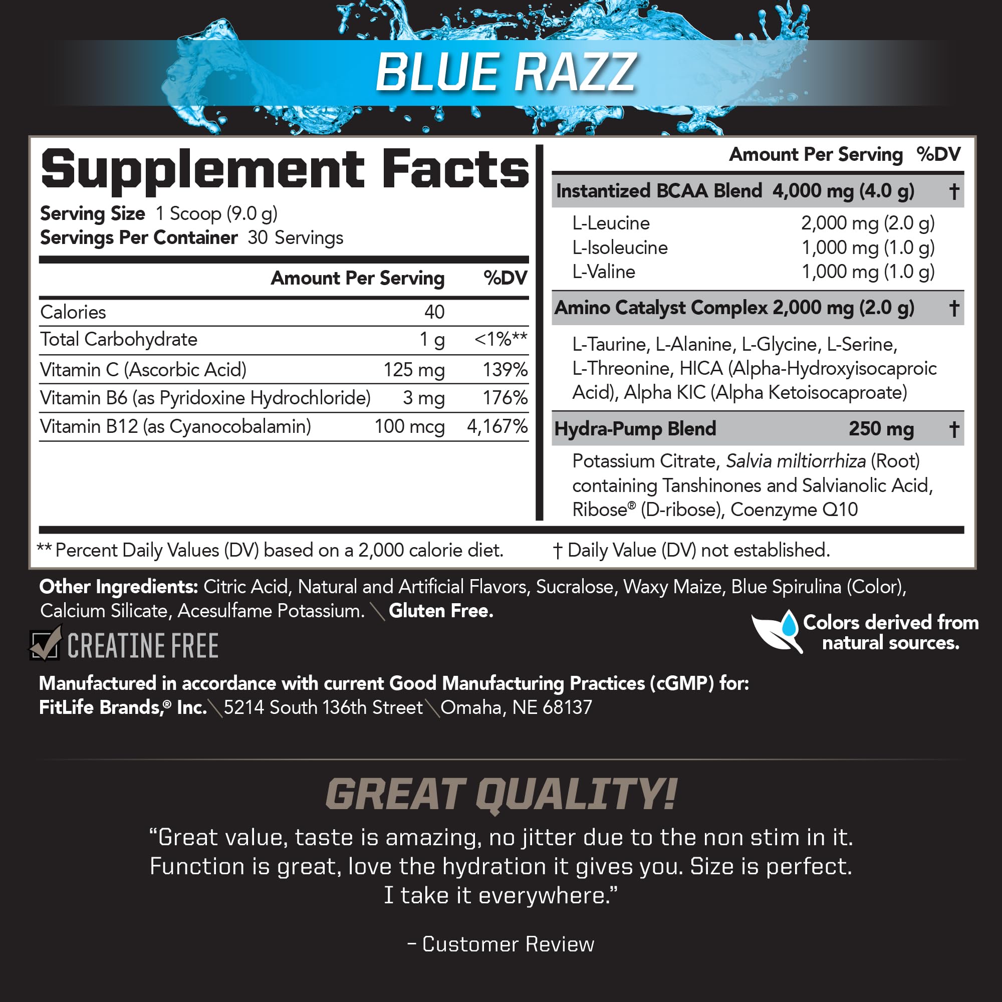 PMD BCAA Powder 267g side view with nutritional information