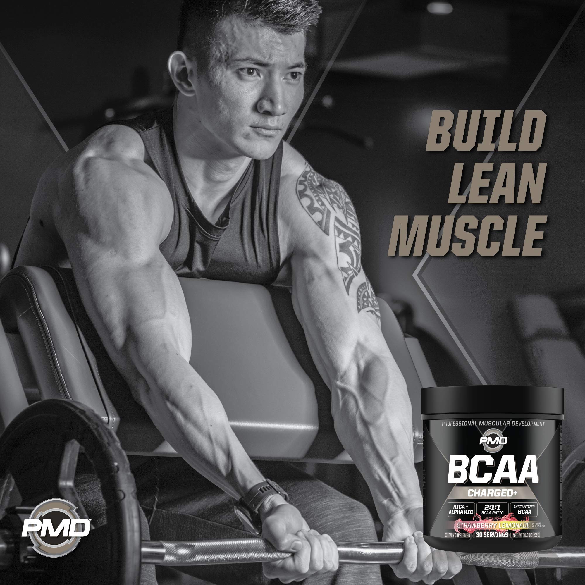 PMD BCAA Powder 285g on a gym bench