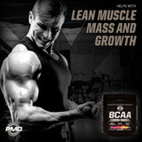PMD BCAA Powder 340g displayed with workout equipment