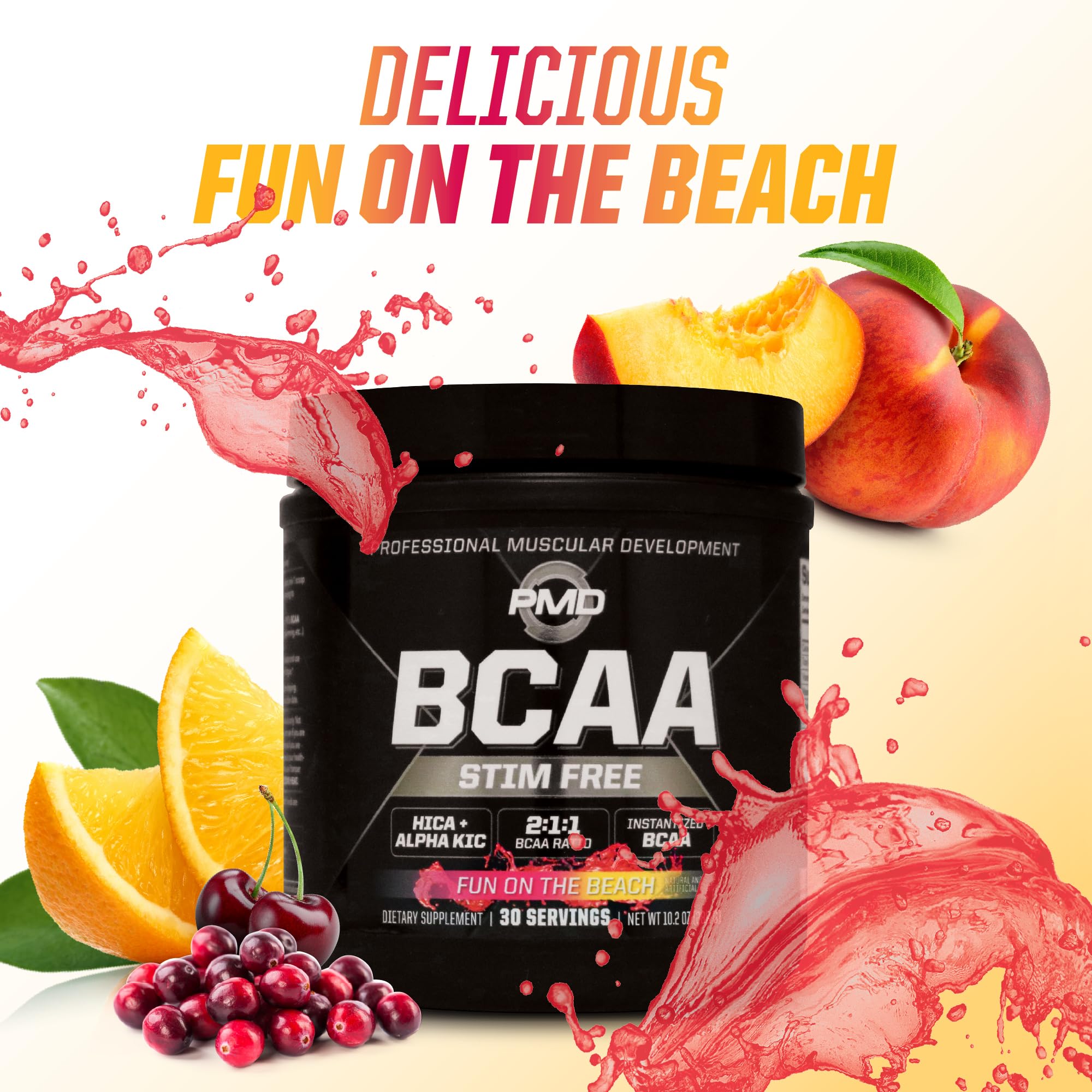 PMD BCAA Powder 340g opened with a scoop inside
