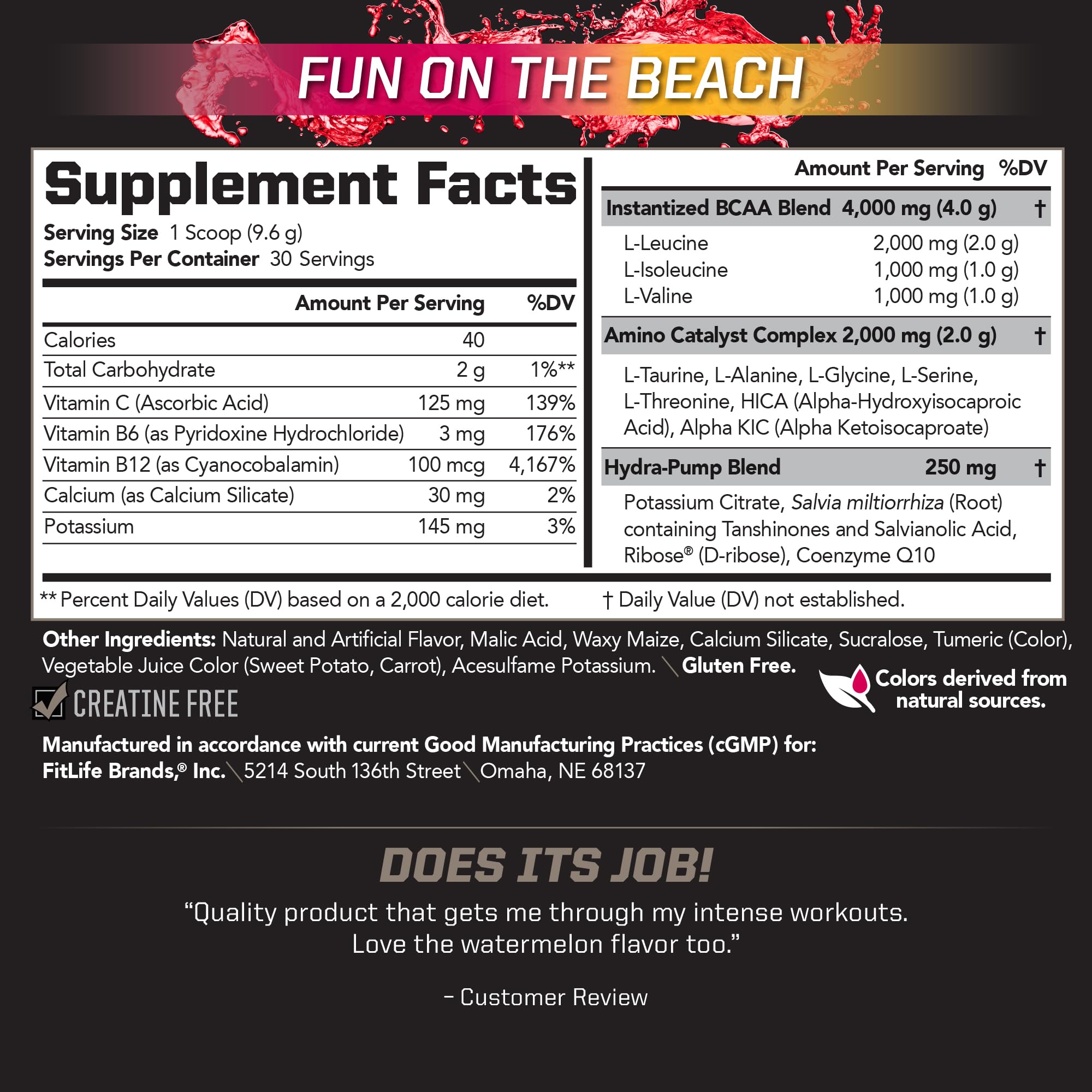 PMD BCAA Powder 340g side view showing nutritional information